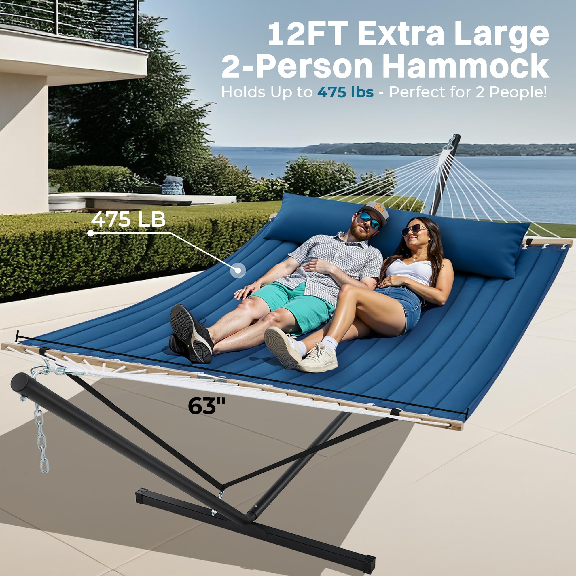SUPERJARE Hammock with Stand, 2 Person Quilted Outdoor Hammock, Detachable Pillow & Bamboo Spreaders, Portable Hammock with Carrying Bag, Heavy Duty Stand, Perfect for Outside, Patio, Aqua Blue