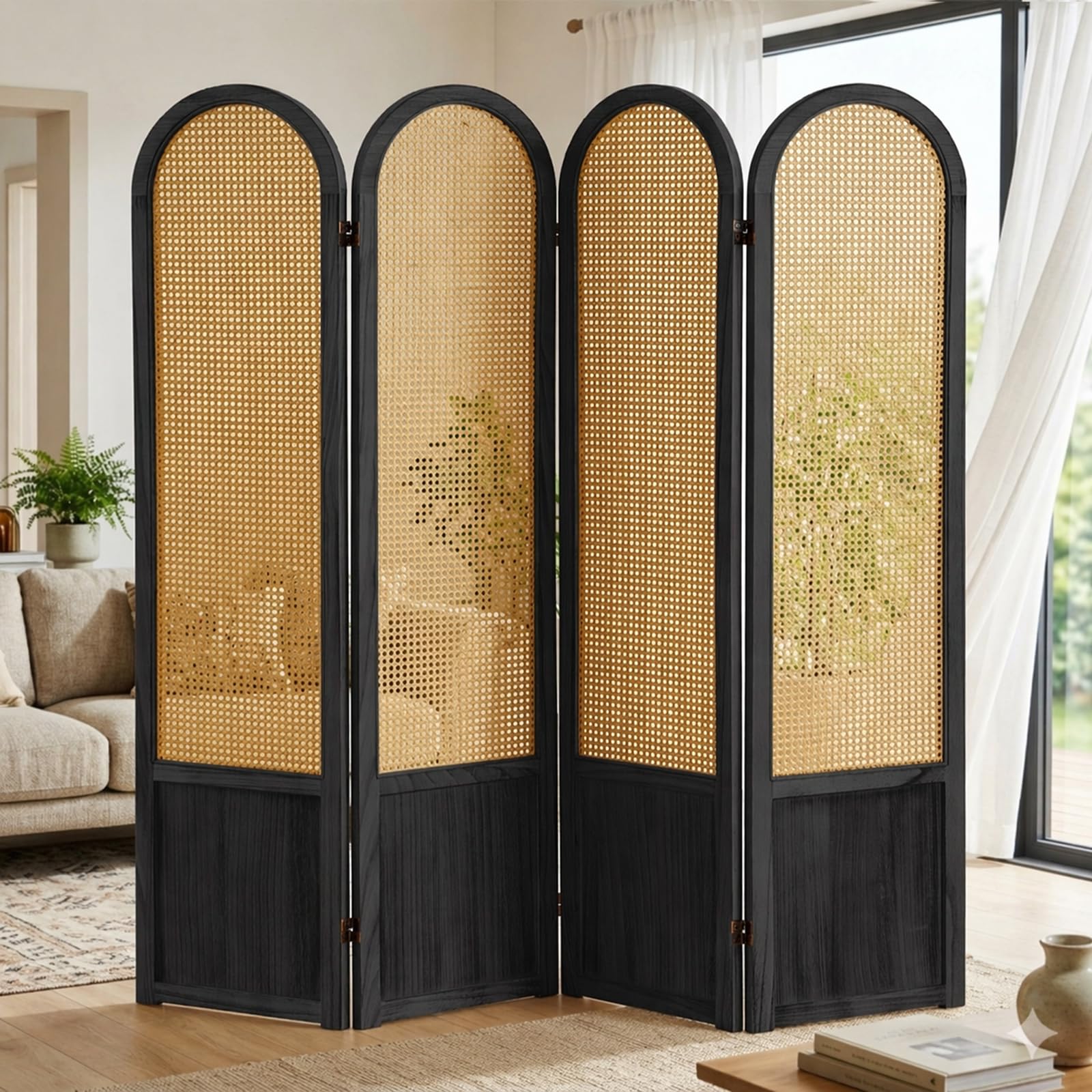 Hand-Woven Rattan Room Divider 3 Panels, 5.9 Ft Tall Wood Room Divider Panel, Partition Screen Divider Wall, Folding Privacy Screen, Wall Divider for Room Separation Home Office - Black