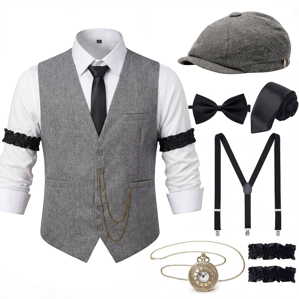 YESSA 1920s Mens Costume,Roaring 20s Costumes for Men,Gatsby Costume Men,1920s Mens Outfit Hat Vest Pocket Watch Tie
