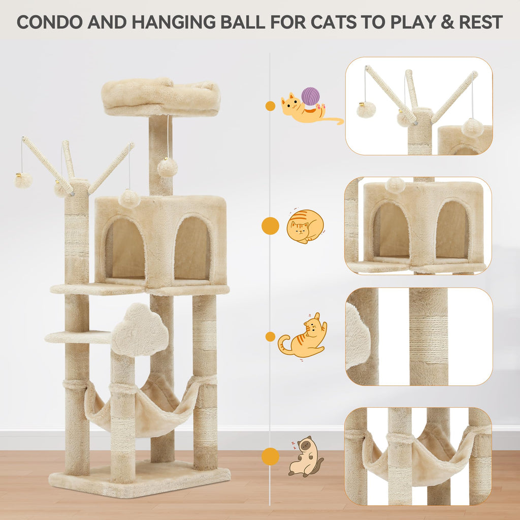YITAHOME 44in Multi-Level Cat Tree for Indoor Kittens, Cat Furniture with Scratch Posts, Window Padded Plush Perch, Comfortable Hammock, and Interactive Pompoms, Beige
