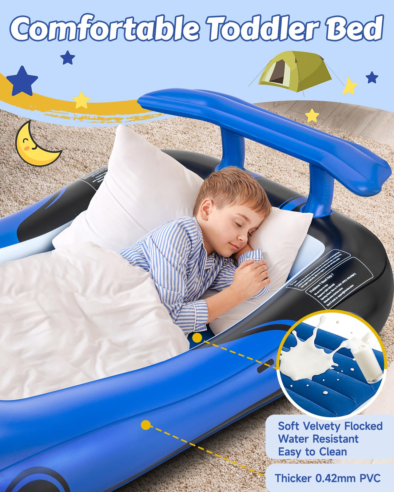 CHERIMOR Inflatable Toddler Travel Bed with Safety Bumpers & 2 Mins Auto Inflation Pump, Portable Toddler Kids Air Mattress with Carry Bag for Home Grandma's Sleepovers Travel Camping, 330lbs Support