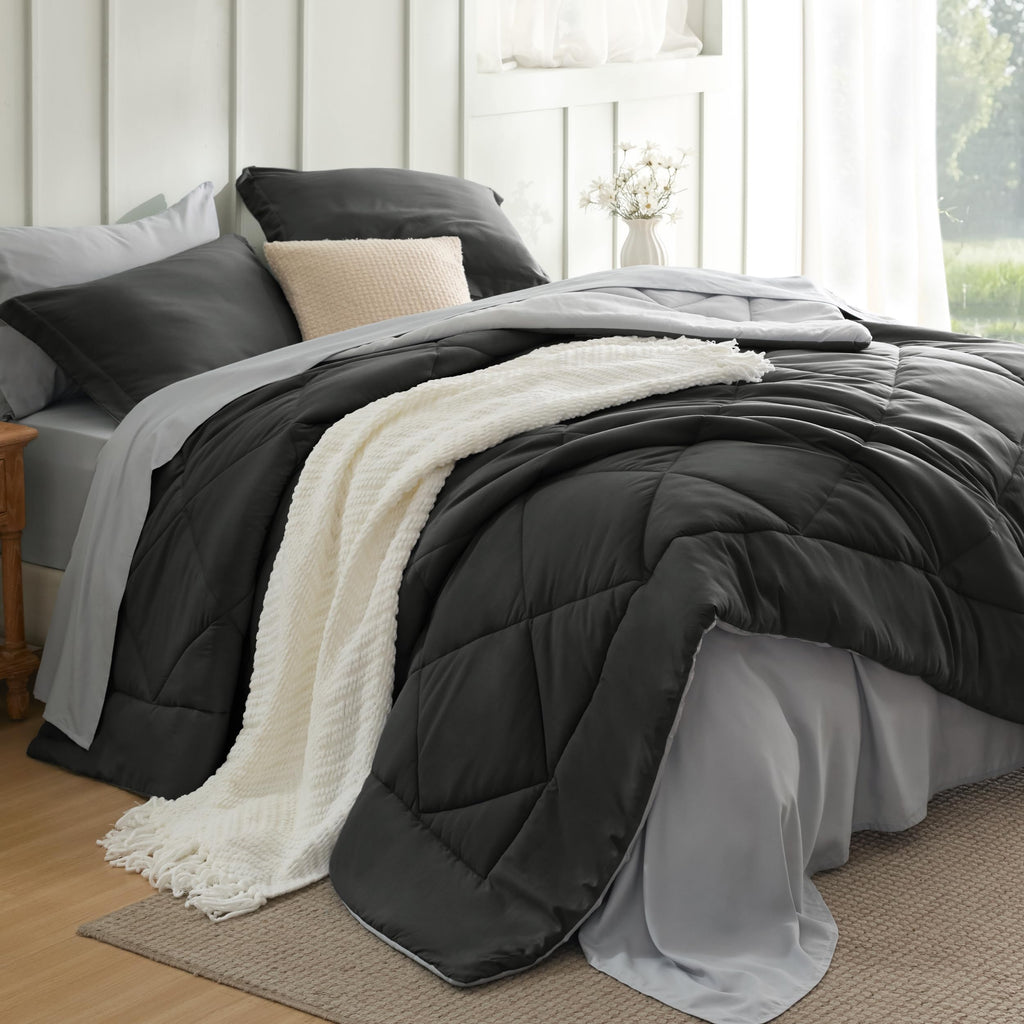 Bedsure Twin Comforter Set - 5 Pieces Reversible Grey Bedding, Twin Size Bed Set for All Seasons, Bed in a Bag with Down Alternative Comforter, Sheets, Pillowcase & Sham