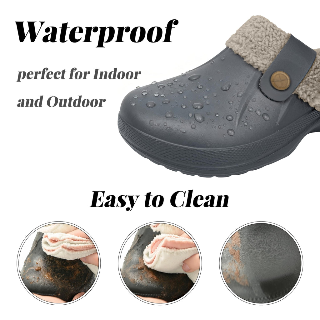 ChayChax Women and Men Fur Lined Clogs Memory Foam Warm Fuzzy Slippers Winter Waterproof Indoor Outdoor Slipper