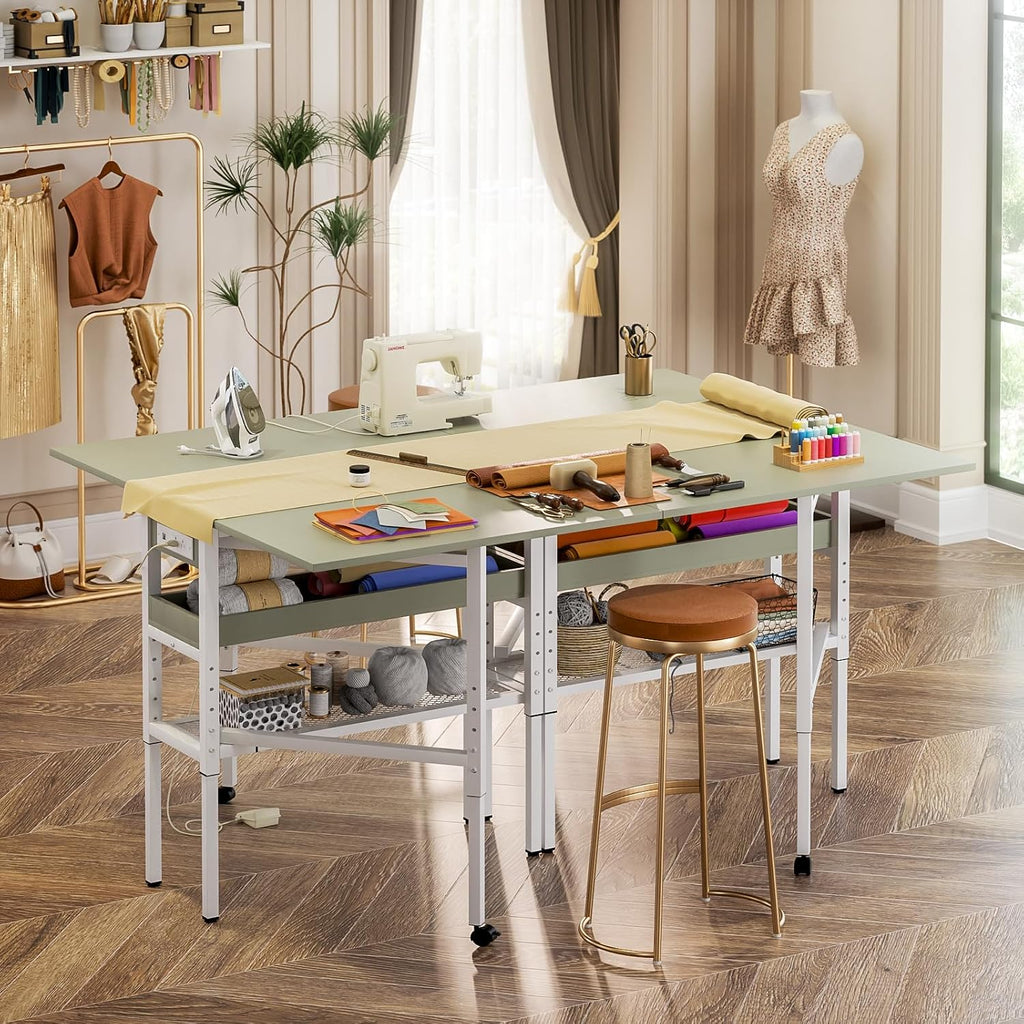 Besiost Folding Sewing Cutting Table with Charging Station, Height Adjustable Craft Table with Storage, 50" Foldable Fabric Cutting Tables for Sewing Room Craft Room, Cyan