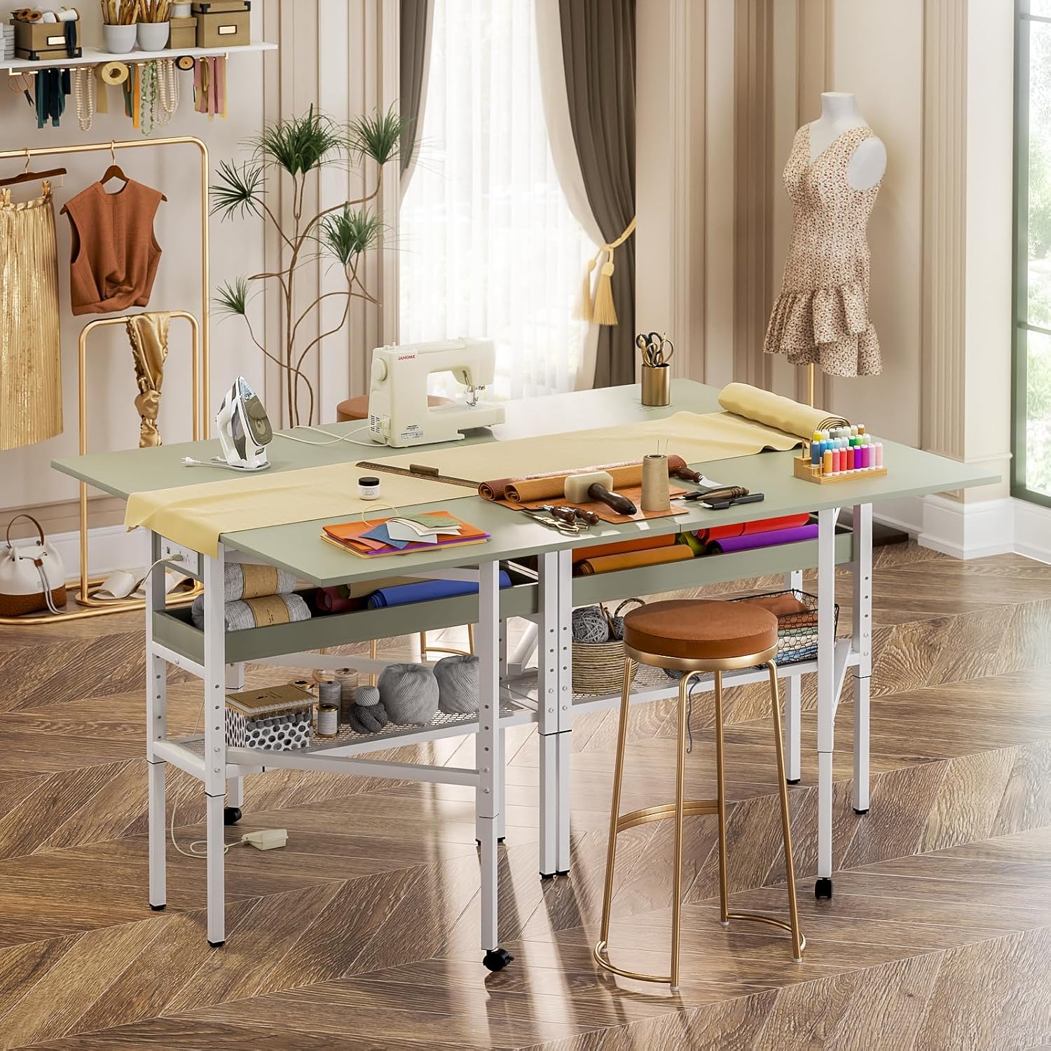 Besiost Folding Sewing Cutting Table with Charging Station, Height Adjustable Craft Table with Storage, 50" Foldable Fabric Cutting Tables for Sewing Room Craft Room, Cyan