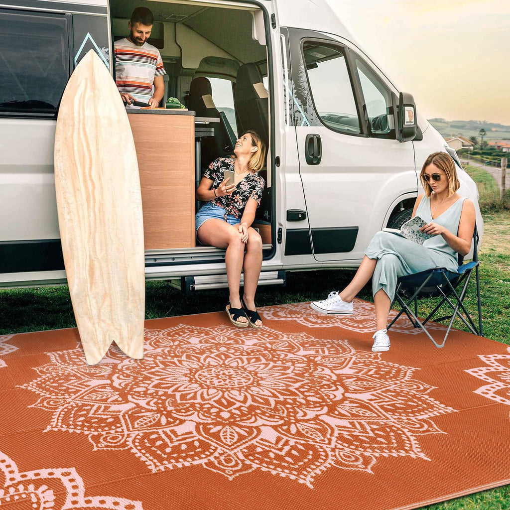 Yamaziot Waterproof Outdoor Rug 5x8 ft, Reversible Plastic Straw Rug for Patio Clearance, Camping, RV Mat, Outside Rug Carpet for Porch, Deck, Backyard, Balcony, Picnic,Black Brown