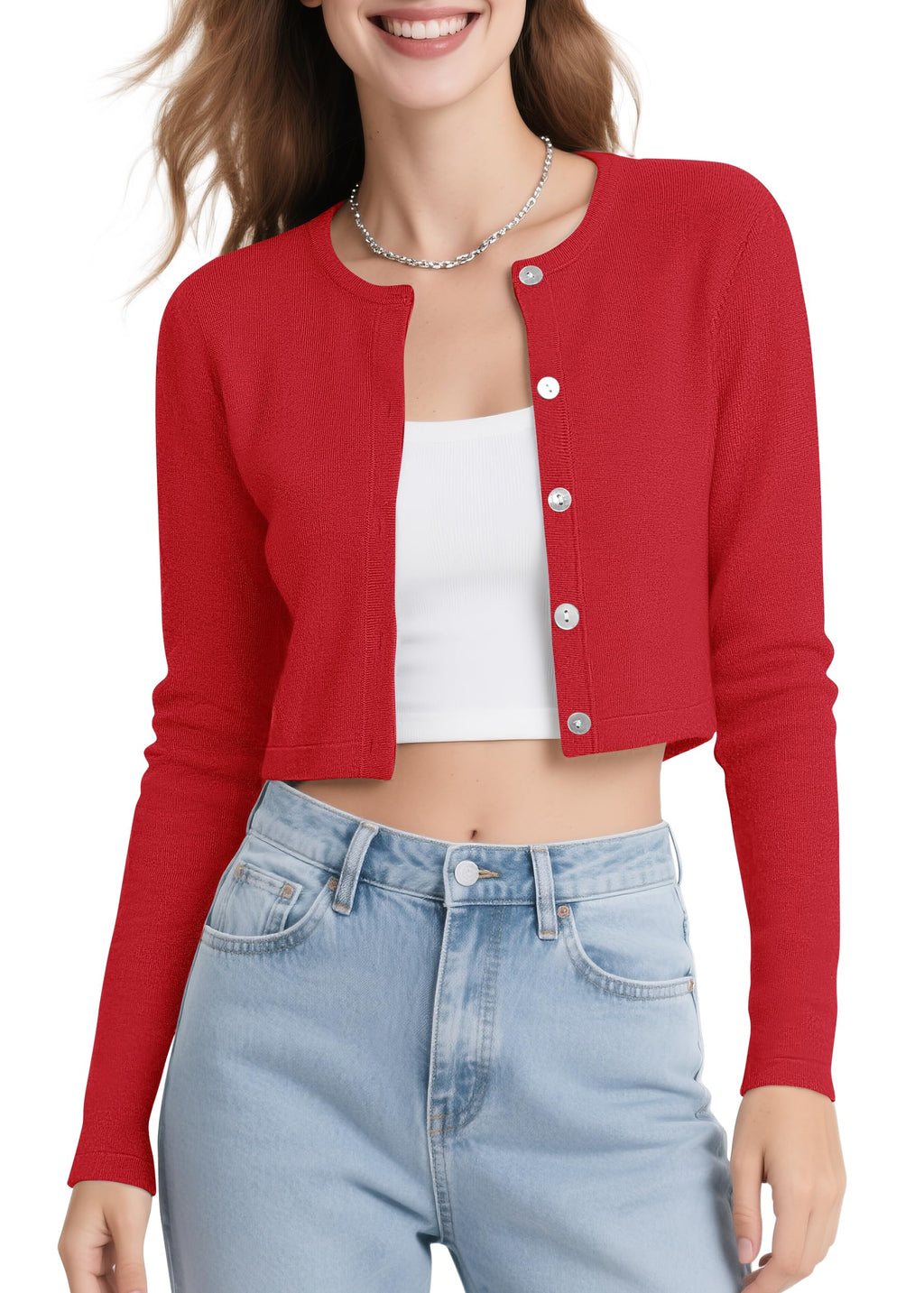 Urban CoCo Women's Long Sleeve Button Up Cropped Cardigan Sweaters for Women Crew Neck Short Bolero Shrug for Dresses