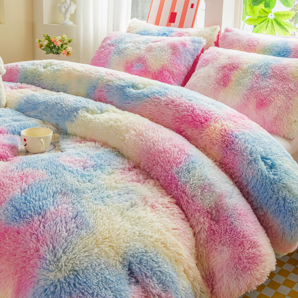 Faux Fur Kids Girls Purple Rainbow Comforter Sets Twin/Full - 3PC Bed Set Warm Comfortable Soft Plush Flannel Velvet Fluffy Fuzzy Bedding（Comforter x 1 Pillowcases x 2）