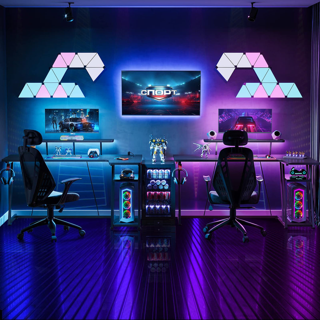 MOTPK Gaming Desk with LED Lights & Power Outlets, 47 Inch L Shaped Computer Desk with Storage Shelf, & Monitor Stand, PC Gaming Table with Carbon Fiber Texture, Black