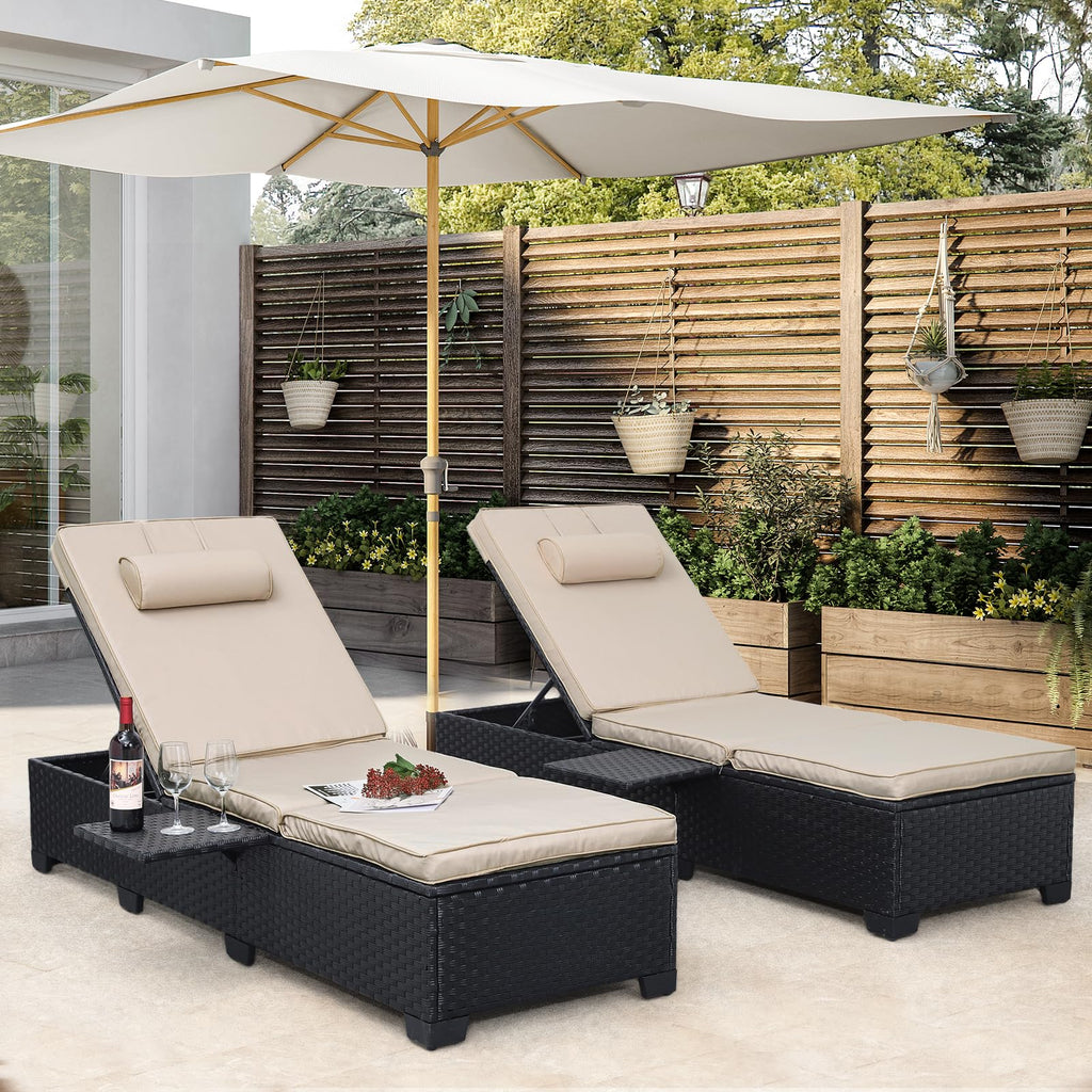 WAROOM Outdoor Chaise Lounge Chairs for Outside Patio Furniture Set of 2 Wicker Recliner Black Rattan Sunbathing Lounger Adjustable Backrest Pool Reclining Chair, Navy Blue Cushion