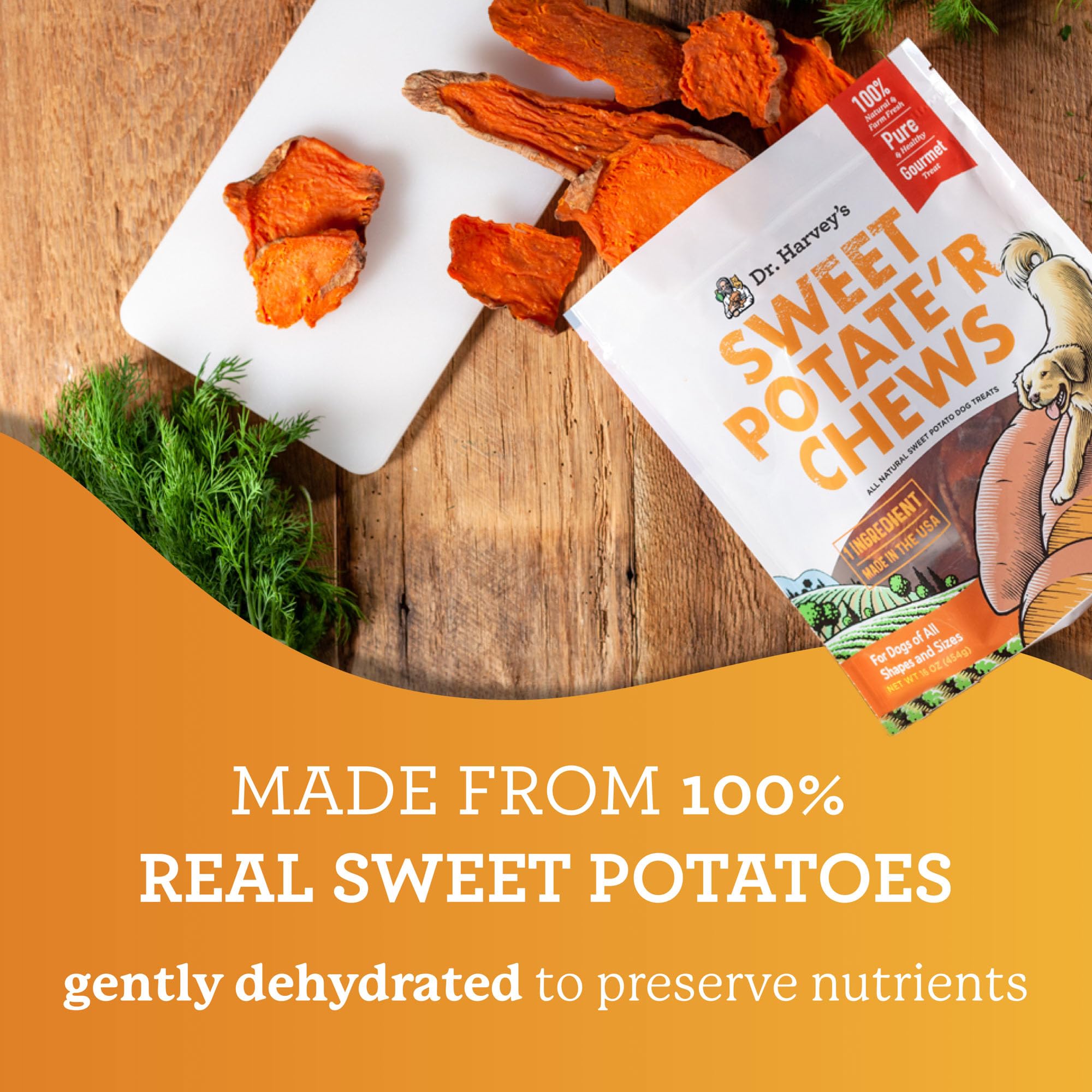 Dr. Harvey's Sweet Potato Chews for Dogs, Dog Treats for Small, Medium, Large Dogs, Natural Dog Snacks for Training, Healthy Teeth, Preventing Bad Breath, and Aggressive Chewers, USA Grown (1 Pound)