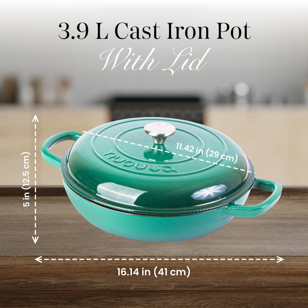 Shallow Cast Iron Casserole with Lid – Non Stick Dutch Oven Pot, Oven Safe up to 500° F – Sturdy Ovenproof Stockpot Cookware – Enamelled Cooking Pot – Black, 5-Quart, 32cm – by Nuovva