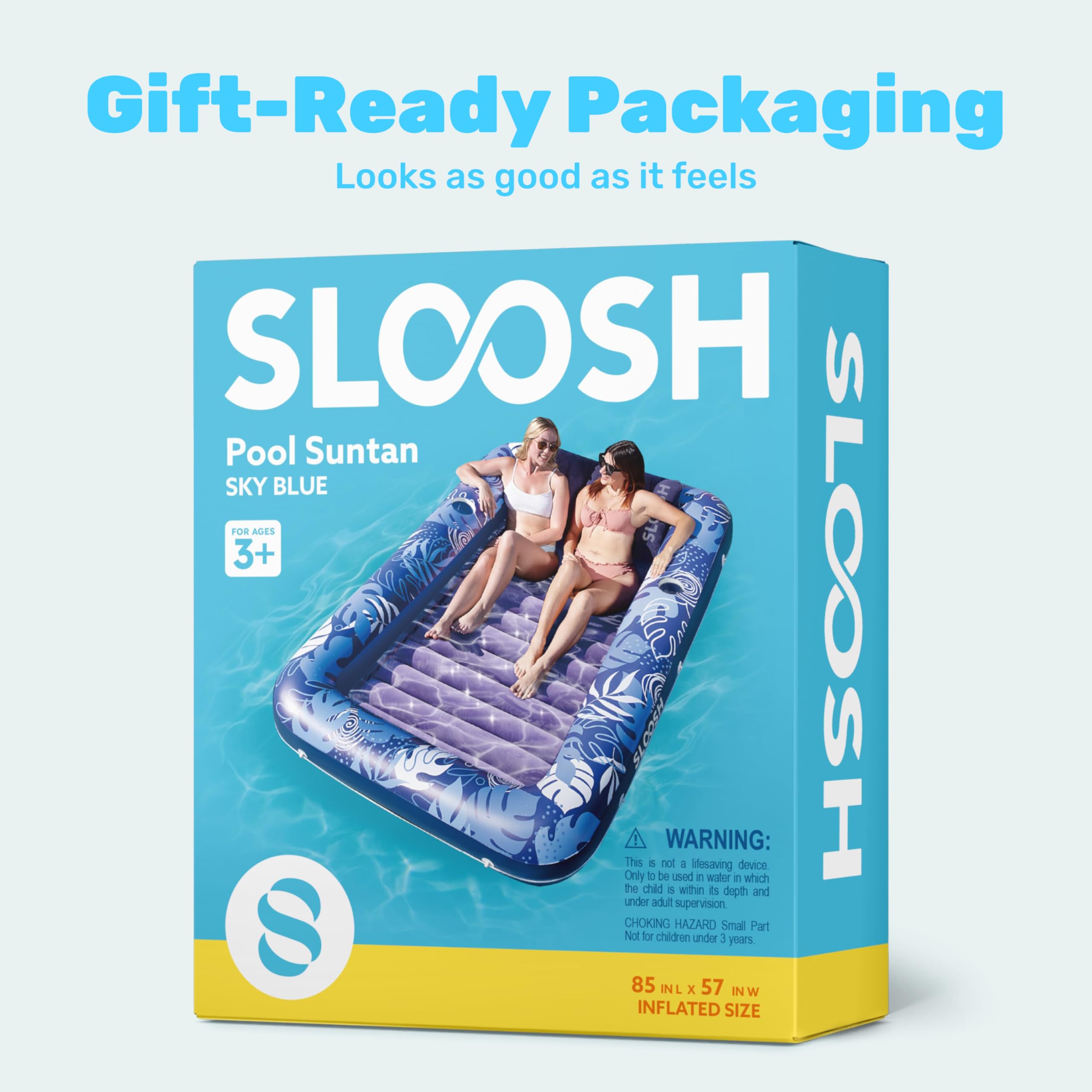 SLOOSH Inflatable Tanning Pool Lounger Float, 85" x 57" Extra Large Pool Floats Adult with Pillow, 4 in 1 Suntan Tub Raft Floatie,Sunbathing Bed Lounge for Water Blow Up Ball Pit Party Gifts, XL-Blue
