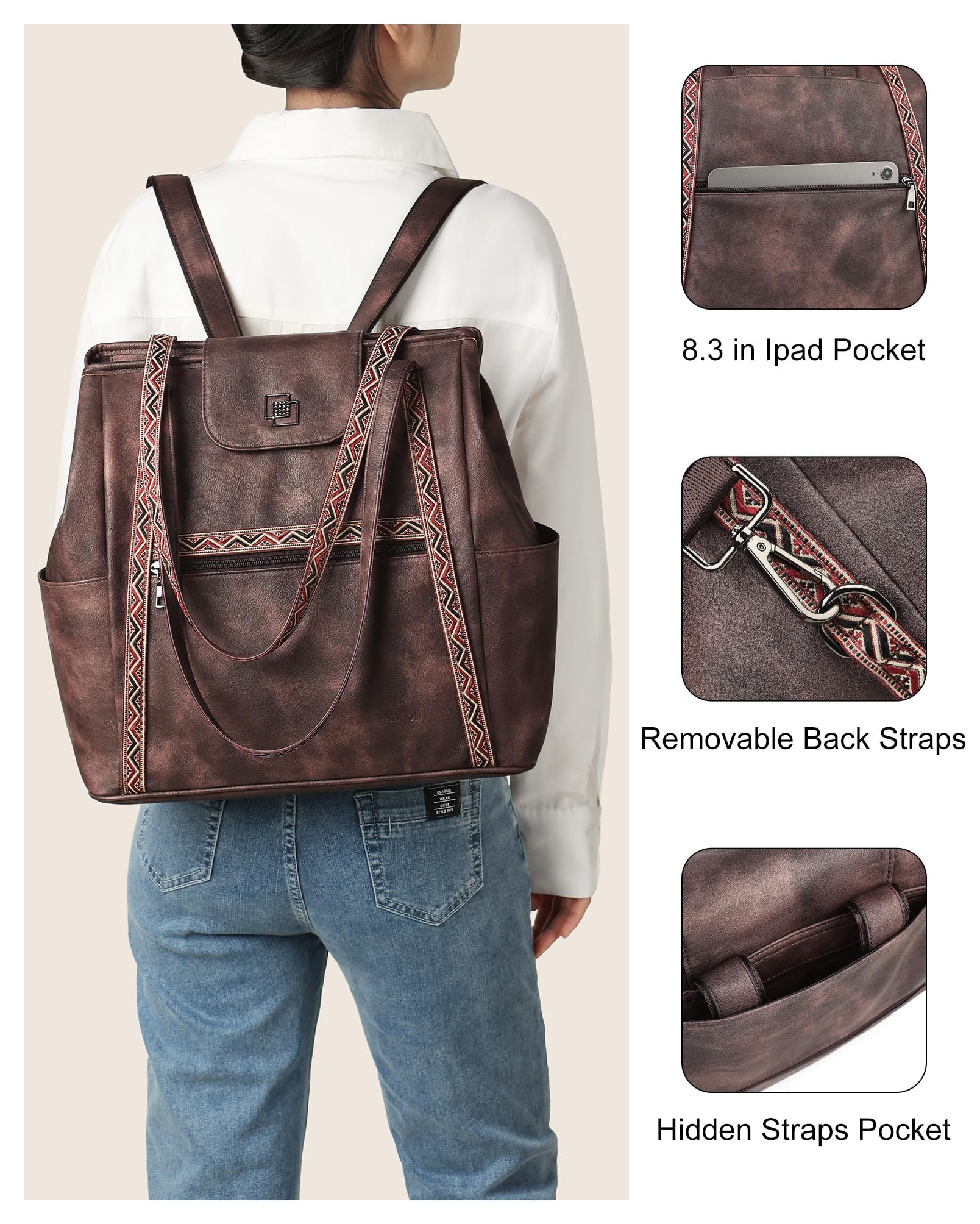 FADEON Large Laptop Tote Bag for Women Designer Leather Laptop Bag Fashion Travel Backpack Purse Shoulder Handbag