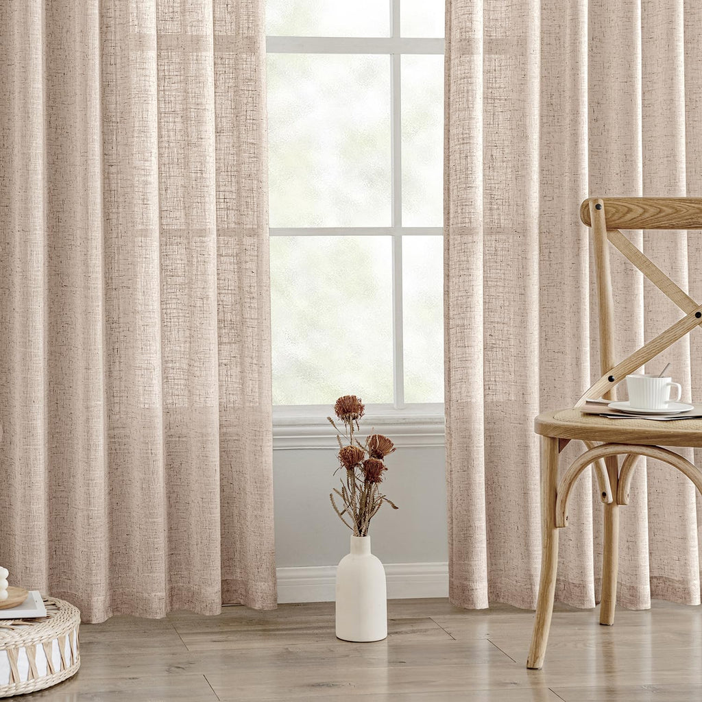 MIULEE Pinch Pleated Linen Curtains 84 Inches Long 2 Panels for Bedroom Living Room, Soft Thick Linen Textured Window Drapes Back Tab Hooks Semi Sheer Light Filtering Farmhouse，Beige