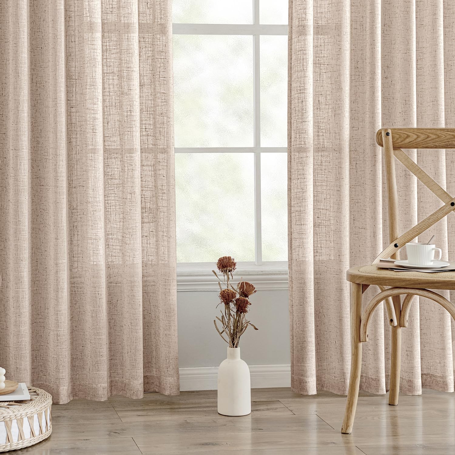 MIULEE Pinch Pleated Linen Curtains 84 Inches Long 2 Panels for Bedroom Living Room, Soft Thick Linen Textured Window Drapes Back Tab Hooks Semi Sheer Light Filtering Farmhouse，Beige