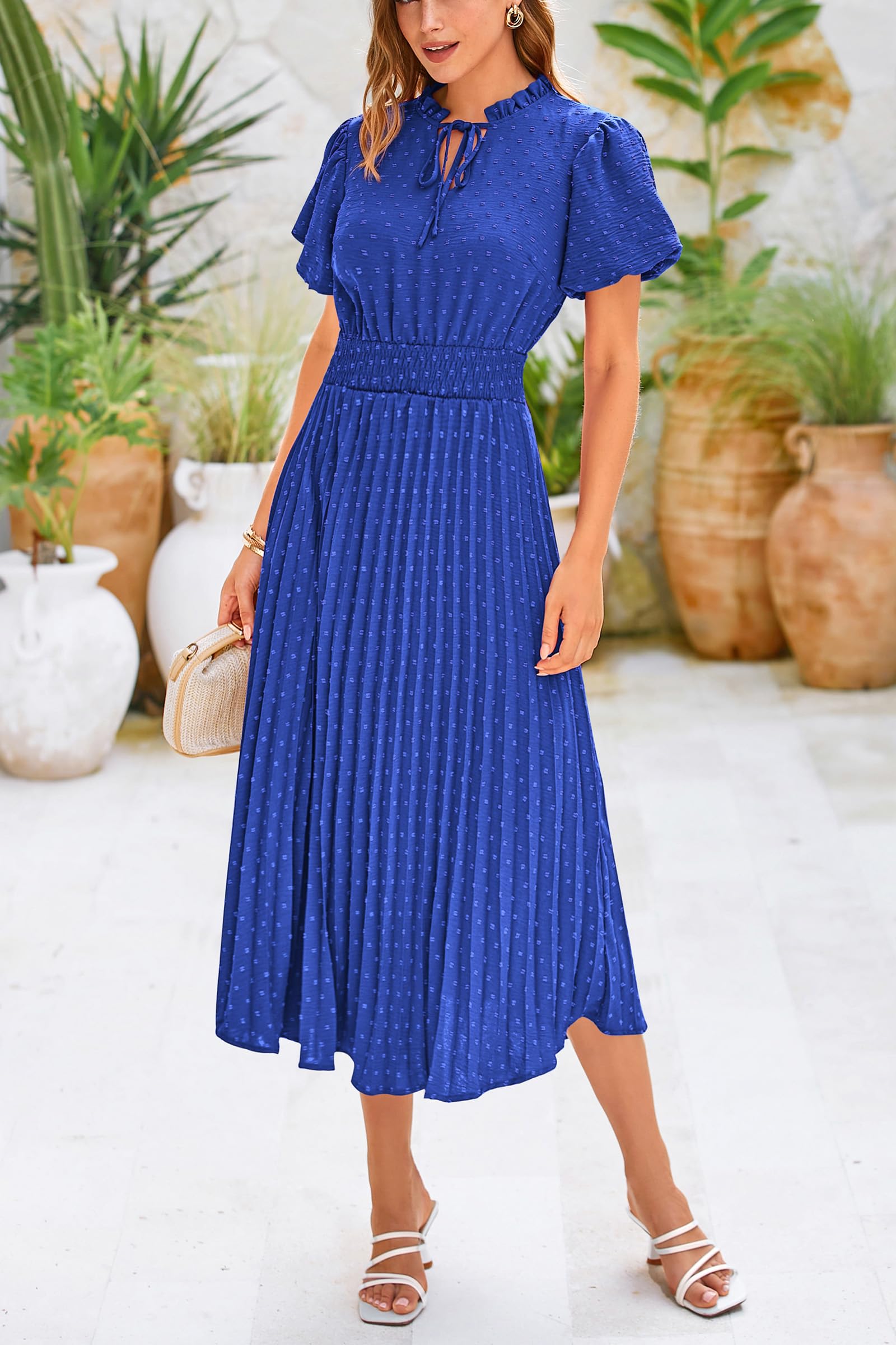 PRETTYGARDEN Womens Summer Midi Dresses Puff Short Sleeve V Neck Swiss Dot Pleated A Line Flowy Long Wedding Guest Dress