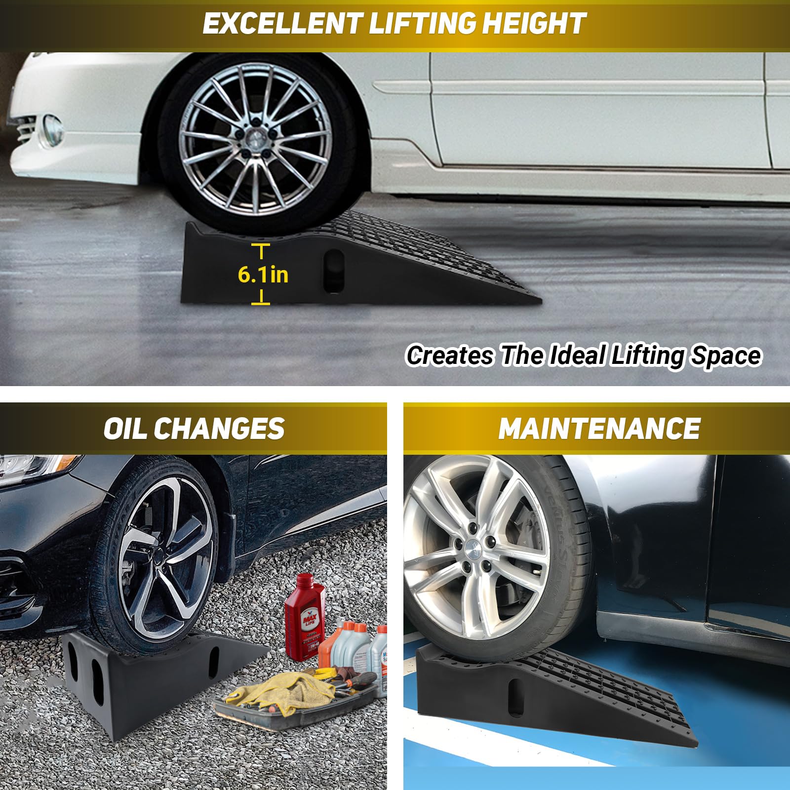 HOXWELL Detachable Low Profile Car Ramps for High Lift and Jack Support, Heavy Duty Car Ramps for Low Cars, Removable Vehicle Ramps for Garage, 15.35''-27.83'' L, 2PCS