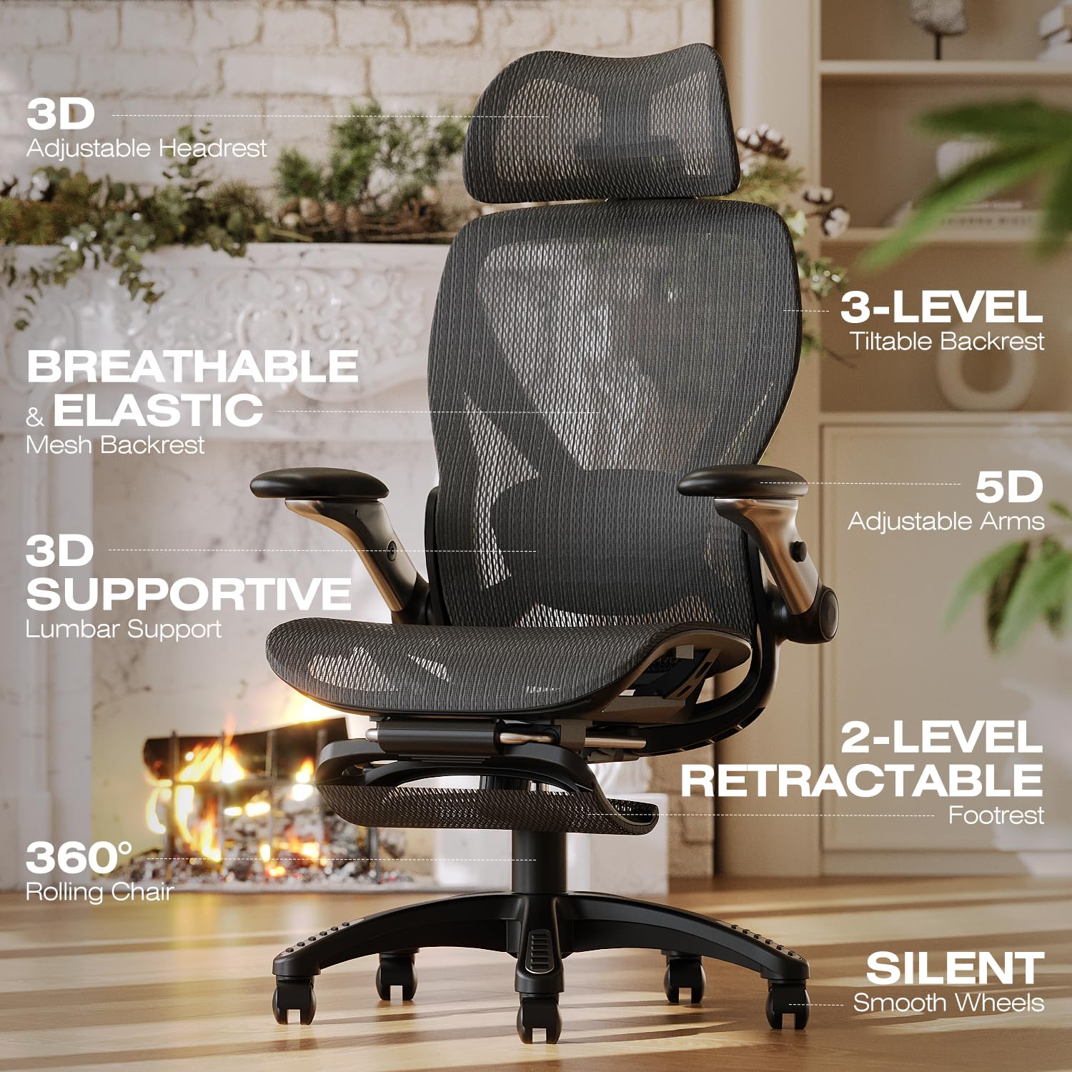 ELABEST X100 Ergonomic Office Chair with Footrest, Big and Tall Home Desk Chair with 5D Flip-Up Arms, Adjustable 3D Lumbar Support,High Back Rolling Computer Chair, Swivel Mesh Chairs (Coffee Break)