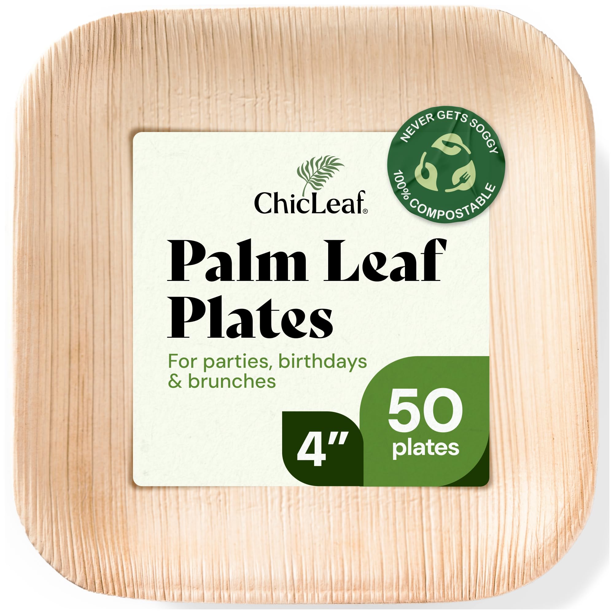 Chic Leaf Palm Leaf Plates - 4 in, 50 Pack, Compostable | Heavy-duty bamboo-style small plates - Use for appetizers & desserts at weddings, parties & picnics