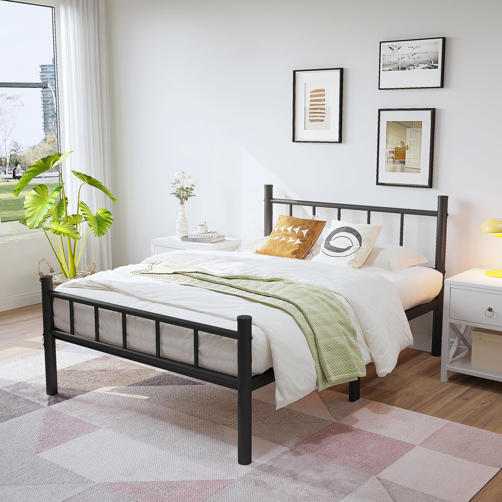 zizin Twin Size Metal Bed Frame with Headboard & Footboard 14 Inch Metal Platform Mattress Foundation Support with Steel Slat, Under Bed Storage, No Box Spring Needed