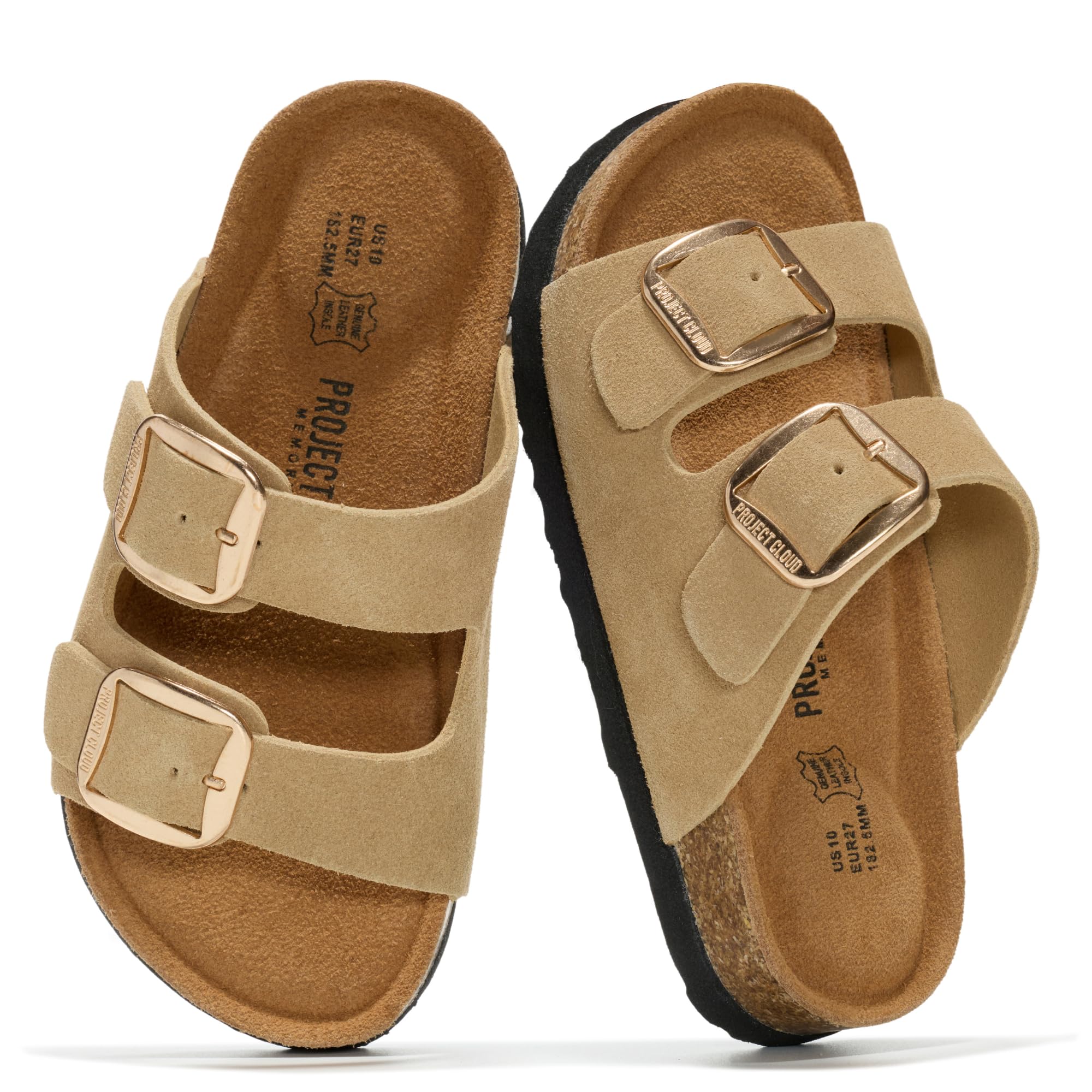 Project Cloud Kids Sandals 100% Genuine Leather - Natural Cork Footbed Non-Slip Slides for Kids - Lightweight Boys & Girls Sandals - Water-Resistant Girls & Boys Sandals