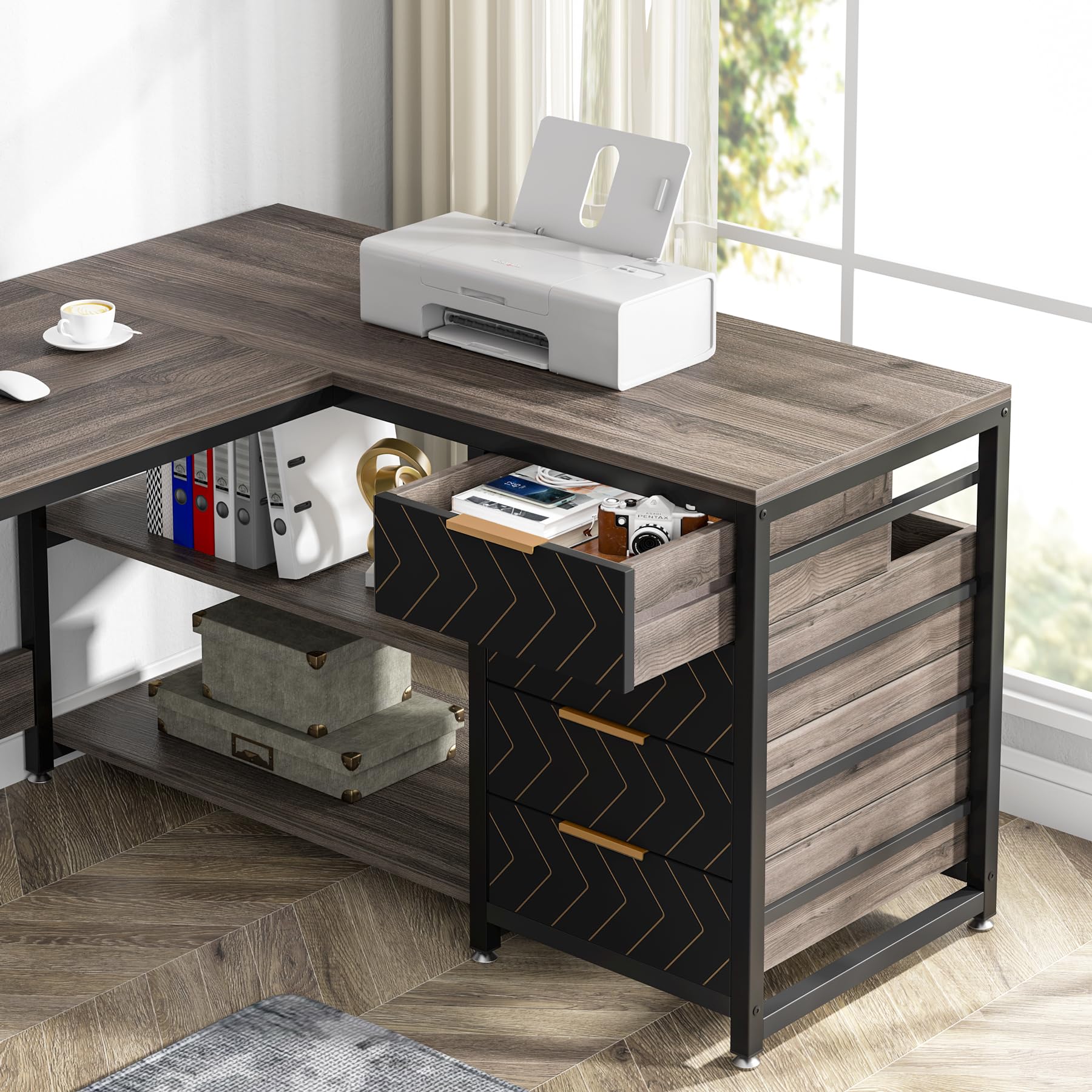 LITTLE TREE 59-Inch L Shaped Desk with Drawers, Large Computer Desk with Storage Shelves, Reversible L-Shaped Corner Desk Workstation for Home Office