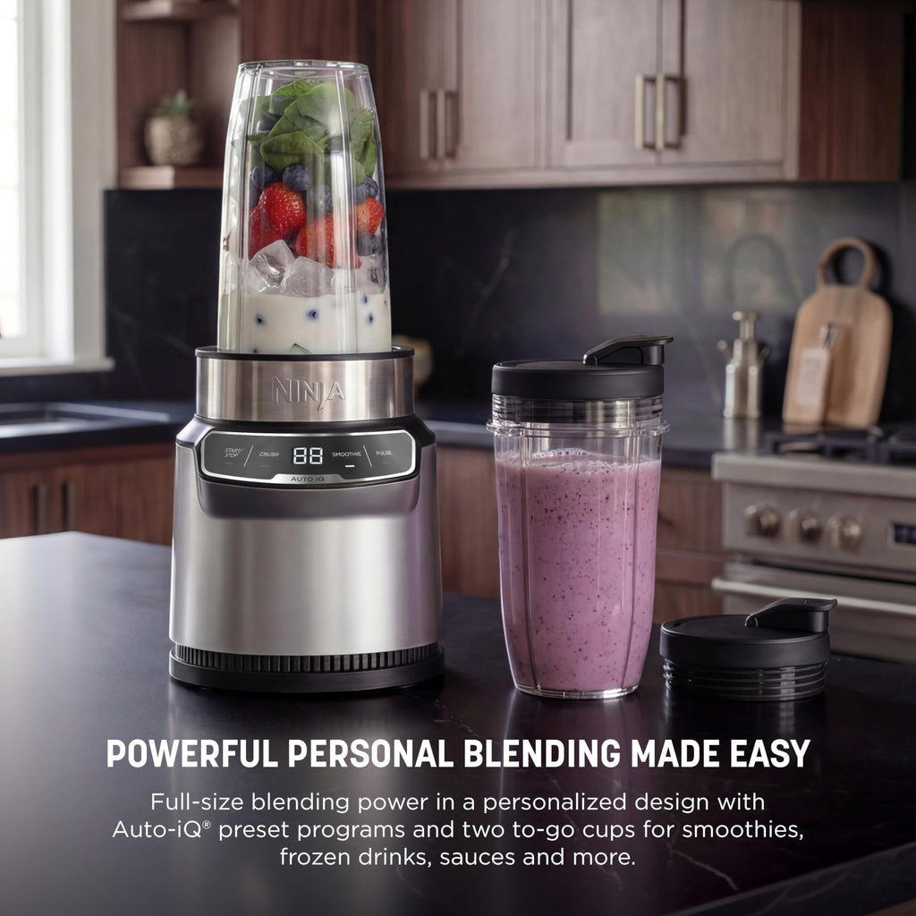 Ninja Nutri-Plus Personal Blender | Compact Push to Blend | Make Frozen Drinks, Smoothies, Sauces & More | With (3) 20 oz. To-Go Cups, (2) Spout-Lids & (1) Storage-Lid | 900 Peak Watt | Silver | BN301