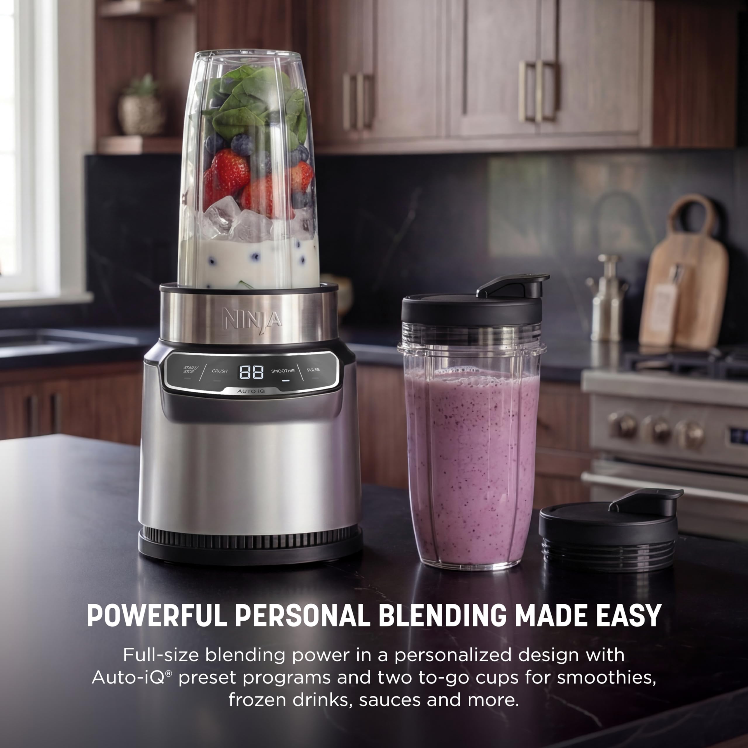 Ninja Nutri-Plus Personal Blender | Compact Push to Blend | Make Frozen Drinks, Smoothies, Sauces & More | With (3) 20 oz. To-Go Cups, (2) Spout-Lids & (1) Storage-Lid | 900 Peak Watt | Silver | BN301
