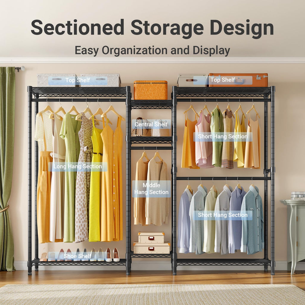 VIPEK Classic V6 Heavy Duty Clothes Rack, 7-Tier Garment Rack with Adjustable Shelves, Portable Closet Organizer with 4 Hanging Rods, Space-Saving, 850lbs Capacity, 68.9" L x 15.7" W x 76.4" H, Black