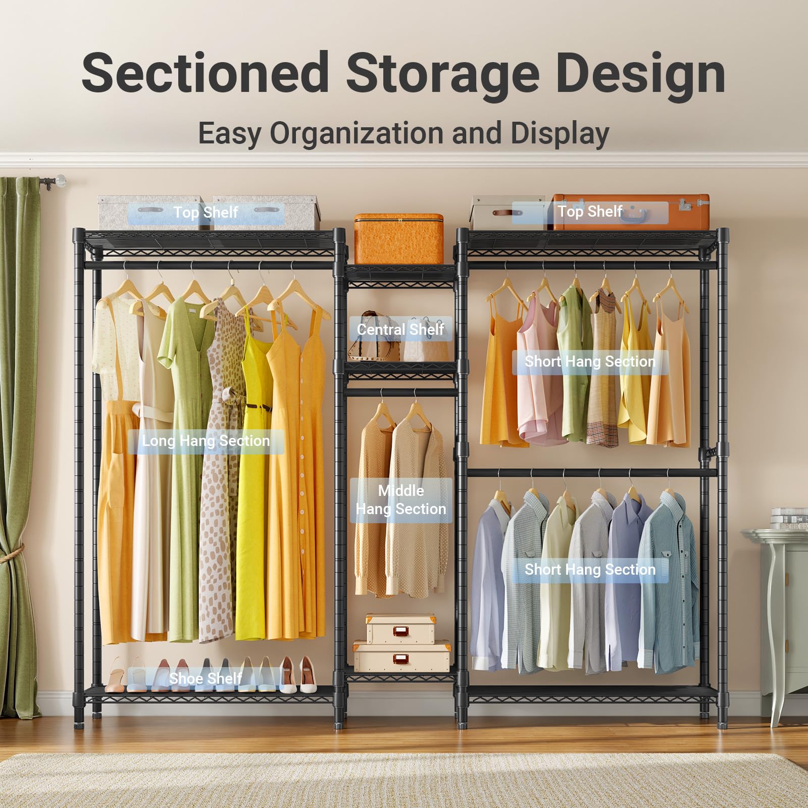 VIPEK Classic V6 Heavy Duty Clothes Rack, 7-Tier Garment Rack with Adjustable Shelves, Portable Closet Organizer with 4 Hanging Rods, Space-Saving, 850lbs Capacity, 68.9" L x 15.7" W x 76.4" H, Black