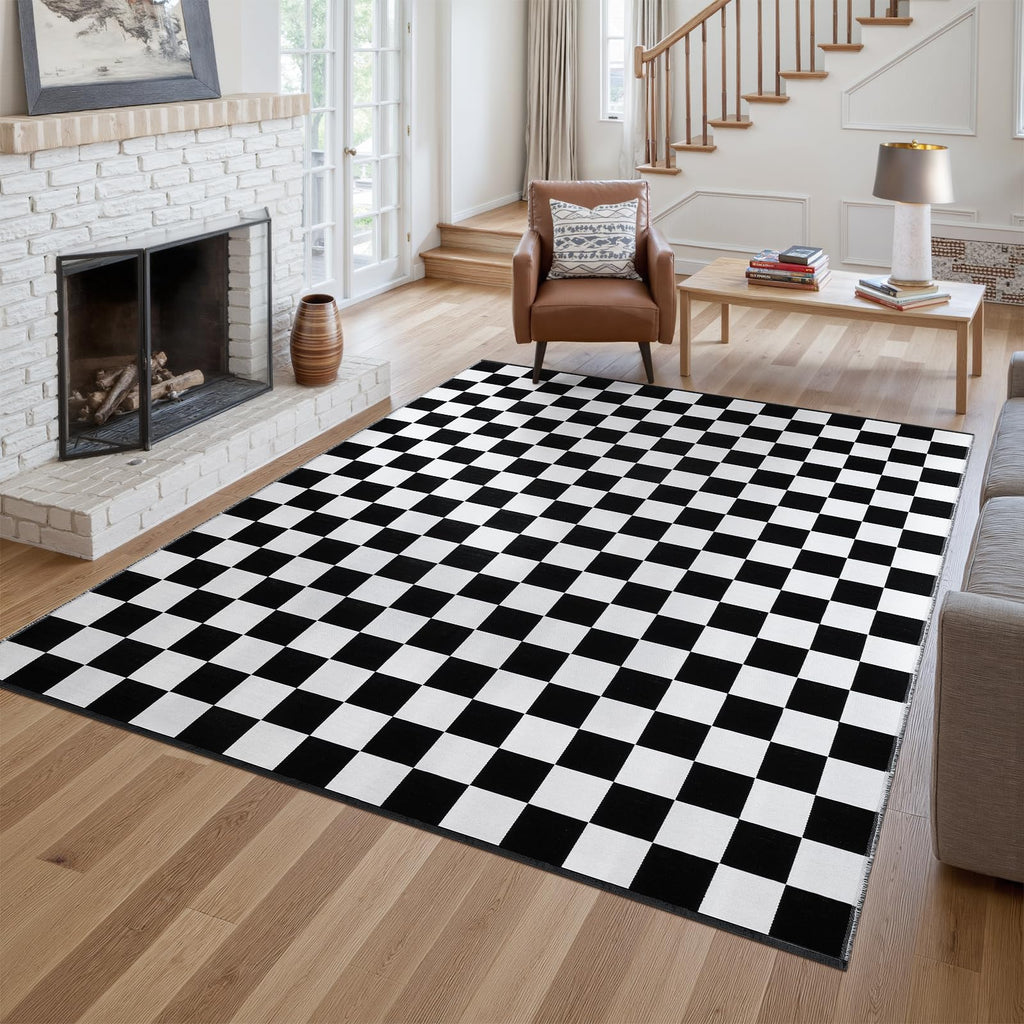 Seavish Checkered Rug, 2x3 Ft Black and White Moroccan Checkerboard Rug Washable Cotton Woven Washable Outdoor Rugs Reversible Floor Mat for Front Door Bedroom Entryway Kitchen Entryway
