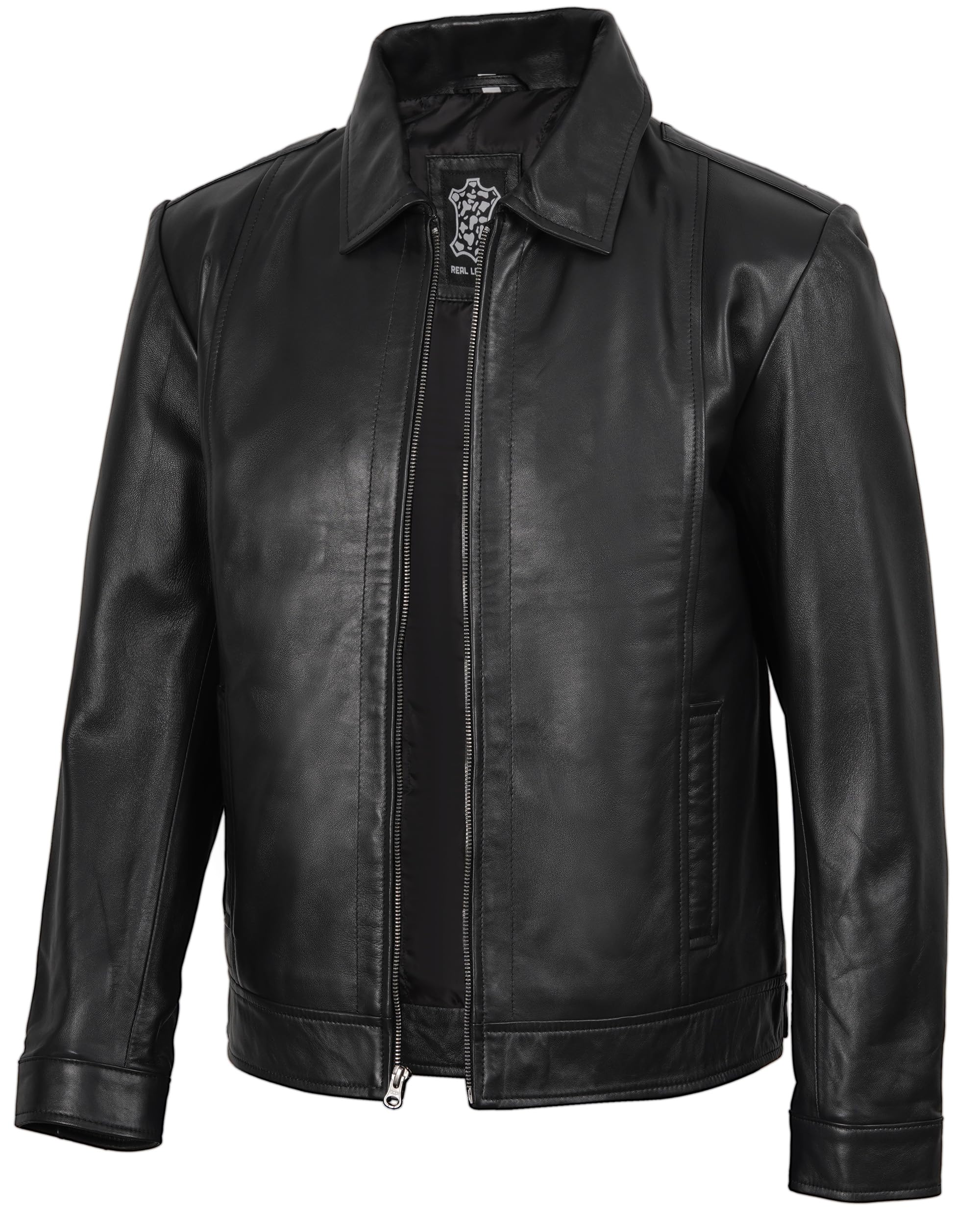Decrum Vintage Style Mens Leather Jacket - Real Lambskin Classic Shirt Collar Leather Jackets for Men