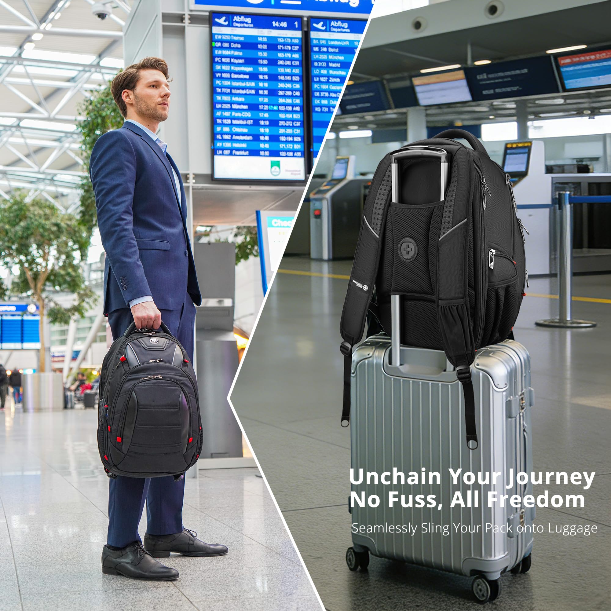 Swissdigital Design Travel Backpack for Women or Men, TSA Friendly USB Charging RFID Protection Business Carry on Bag Fits 15.6" Laptop Backpack Black | J14-BR