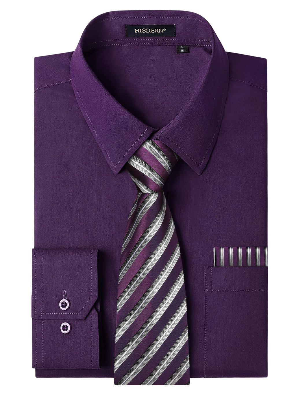 HISDERN 503 Mens Dress Shirt Slim Fit Long Sleeve Button Down Wrinkle Free Set with Tie Pocket Square Formal Business Wedding