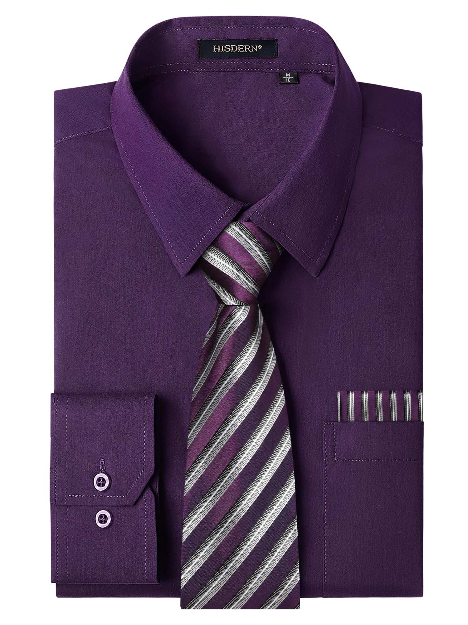 HISDERN 503 Mens Dress Shirt Slim Fit Long Sleeve Button Down Wrinkle Free Set with Tie Pocket Square Formal Business Wedding
