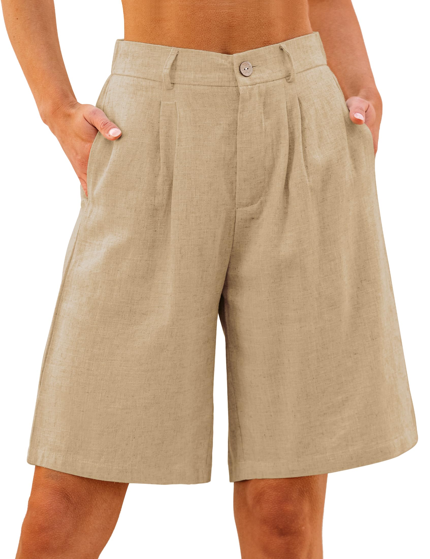 luvamia Bermuda Shorts for Women High Waisted Linen Dressy Casual Pleated Wide Leg Summer Shorts with Elastic Waist