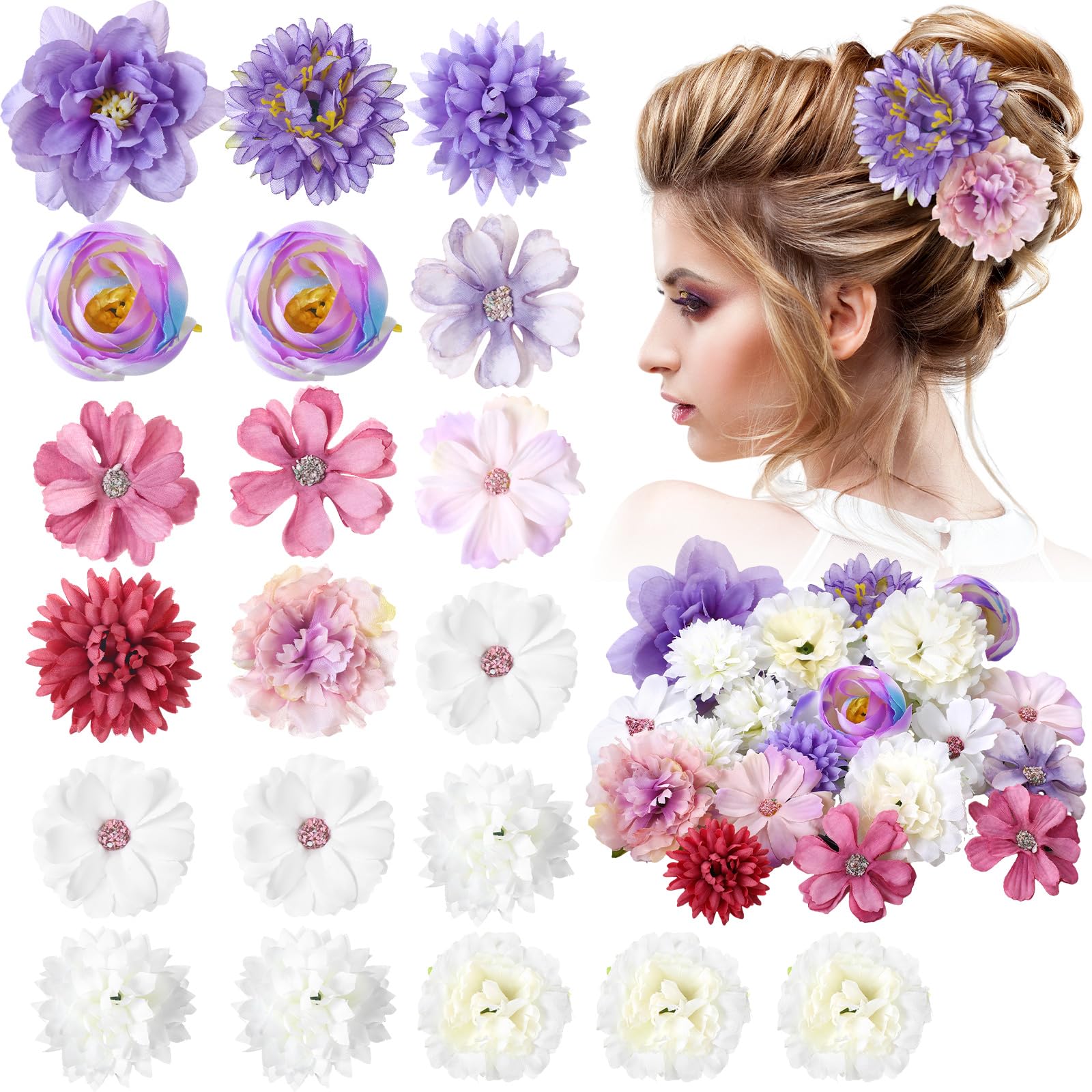 BBTO Flower Hair Clip Rose Hair Clips Barrettes for Women Flower Accessories Boho Bride Claw Clip Hairpin Brooch Pin Headpiece for Wedding(Beige Orange Series,21 Pcs)