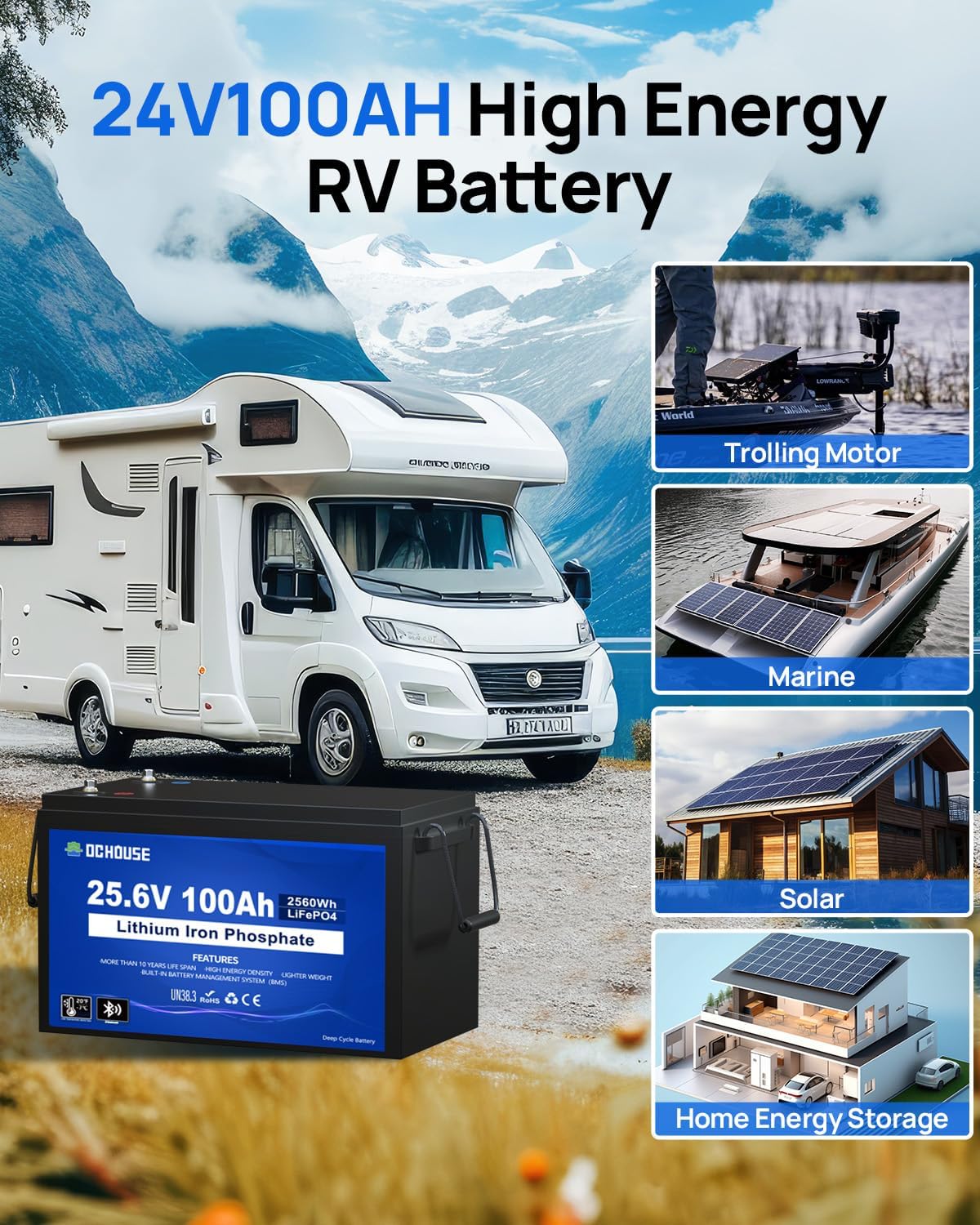 DC House 24V 100Ah LiFePO4 Bluetooth Lithium Battery, Smart BMS with Low Temp Cut-Off, Up to 15000 Cycles, Perfect for Trolling Motors, Marine, Boat, RV, Camper, Home Energy Storage