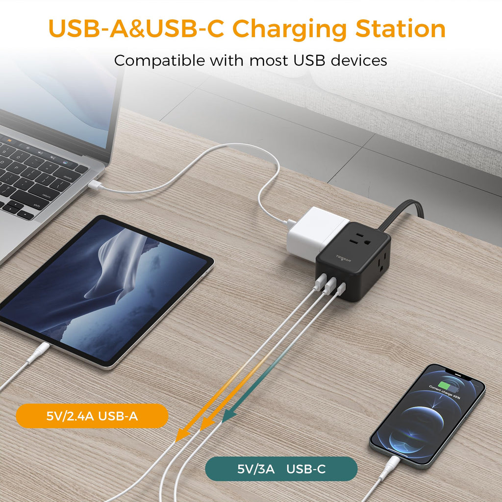 TESSAN Small Flat Plug Power Strip, Ultra Thin Extension Cord 5 ft, 3 AC Outlets with 3 USB Ports (1 USB C), Multiple Wall Outlet Extender for Cruise Travel Office School Dorm Room Essentials, Black