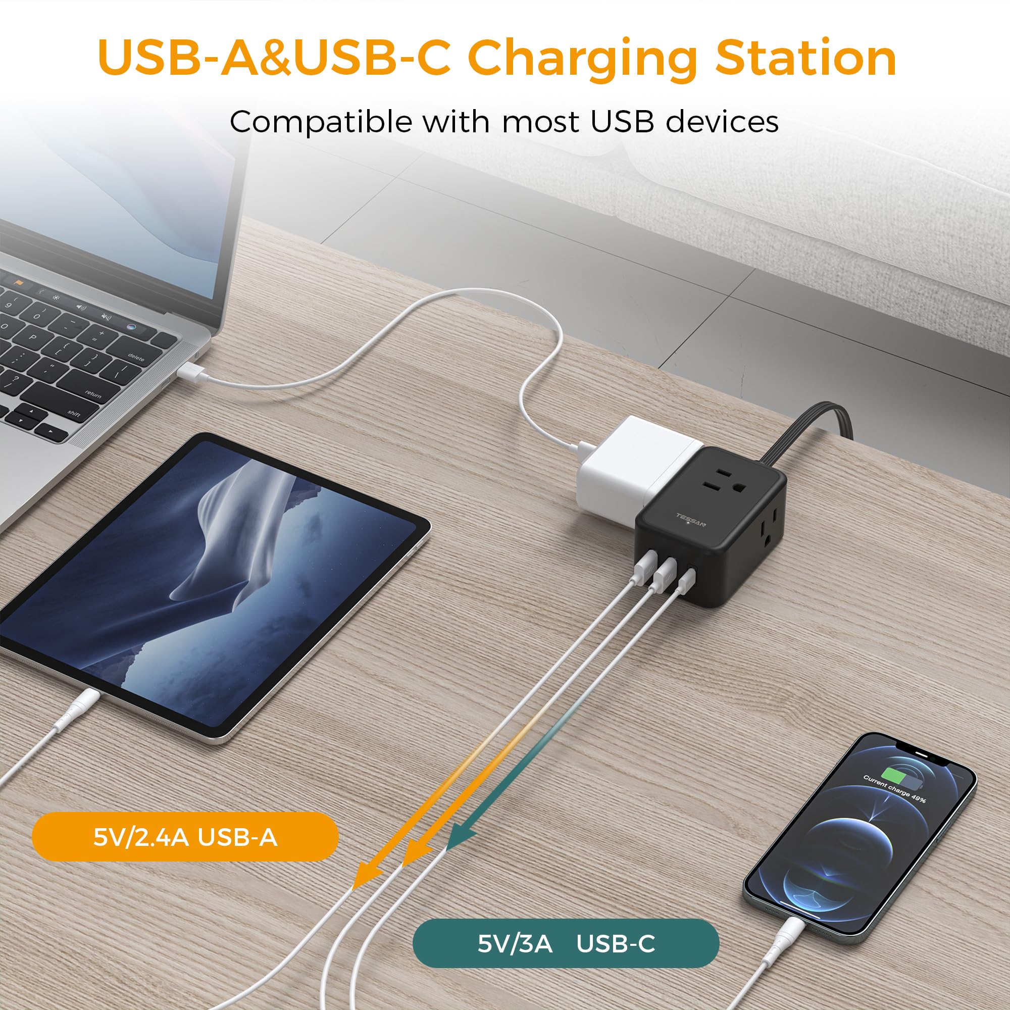 TESSAN Small Flat Plug Power Strip, Ultra Thin Extension Cord 5 ft, 3 AC Outlets with 3 USB Ports (1 USB C), Multiple Wall Outlet Extender for Cruise Travel Office School Dorm Room Essentials, Black