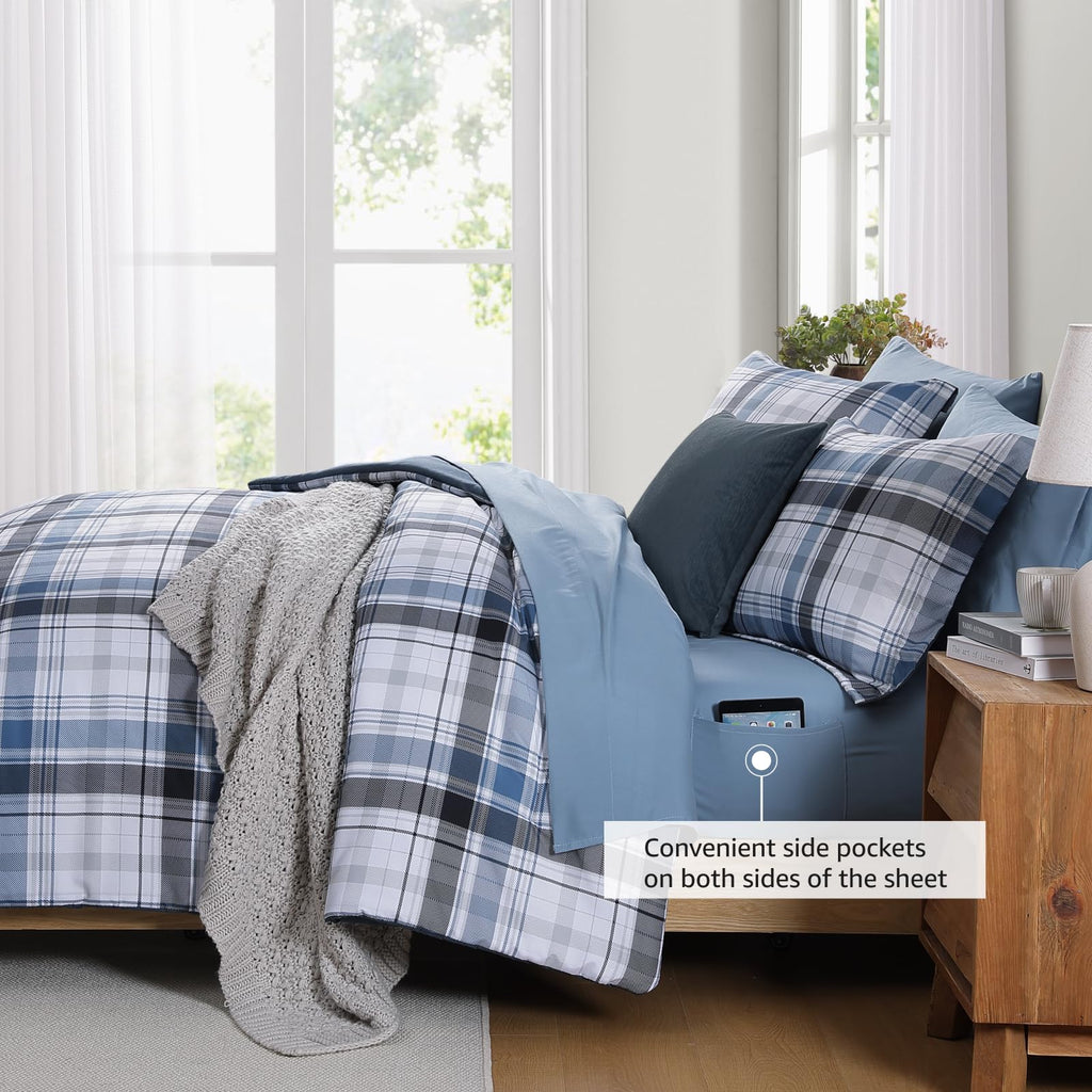 MaiRêve Queen Comforter Set, Classic Plaid Farmhouse Bedding Sets 7 Pieces, Beige All Season Bed in A Bag with Sheets, Pillowcases & Shams