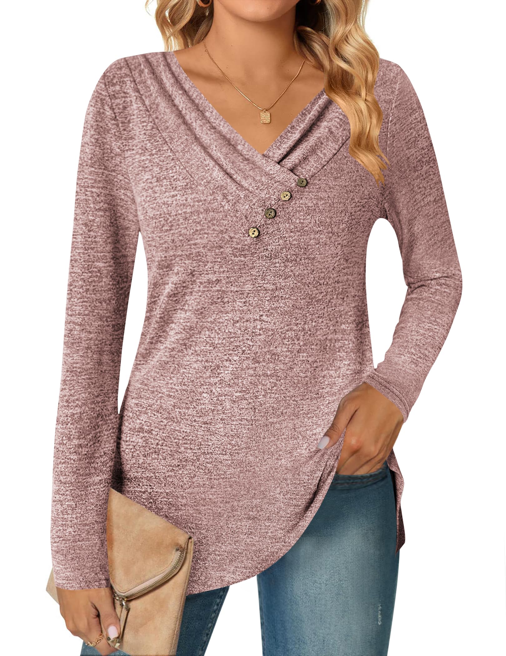 Zeagoo Women's Casual Tunic Tops Long Sleeve Shirts for Leggings V Neck Button Fall Pullover Blouse Loose Sweatshirts