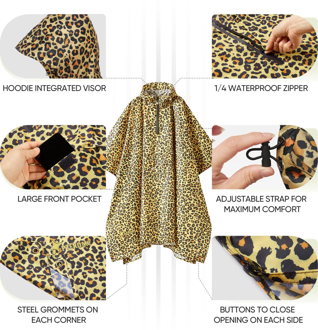PTEROMY 3-in-1 Hooded Rain Poncho for Adult with Pocket, Waterproof Lightweight Unisex Raincoat for Hiking Camping Emergency