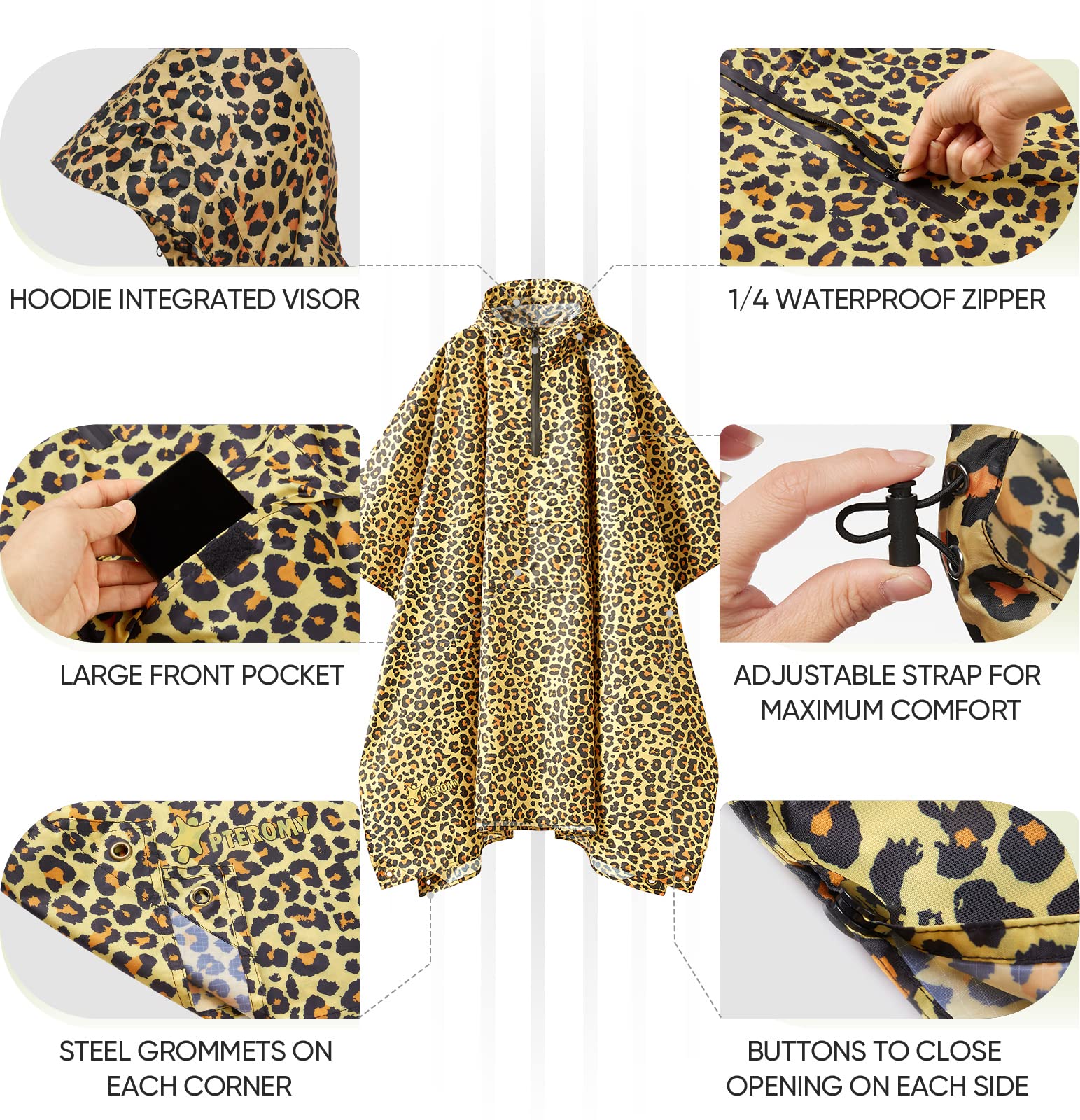 PTEROMY 3-in-1 Hooded Rain Poncho for Adult with Pocket, Waterproof Lightweight Unisex Raincoat for Hiking Camping Emergency