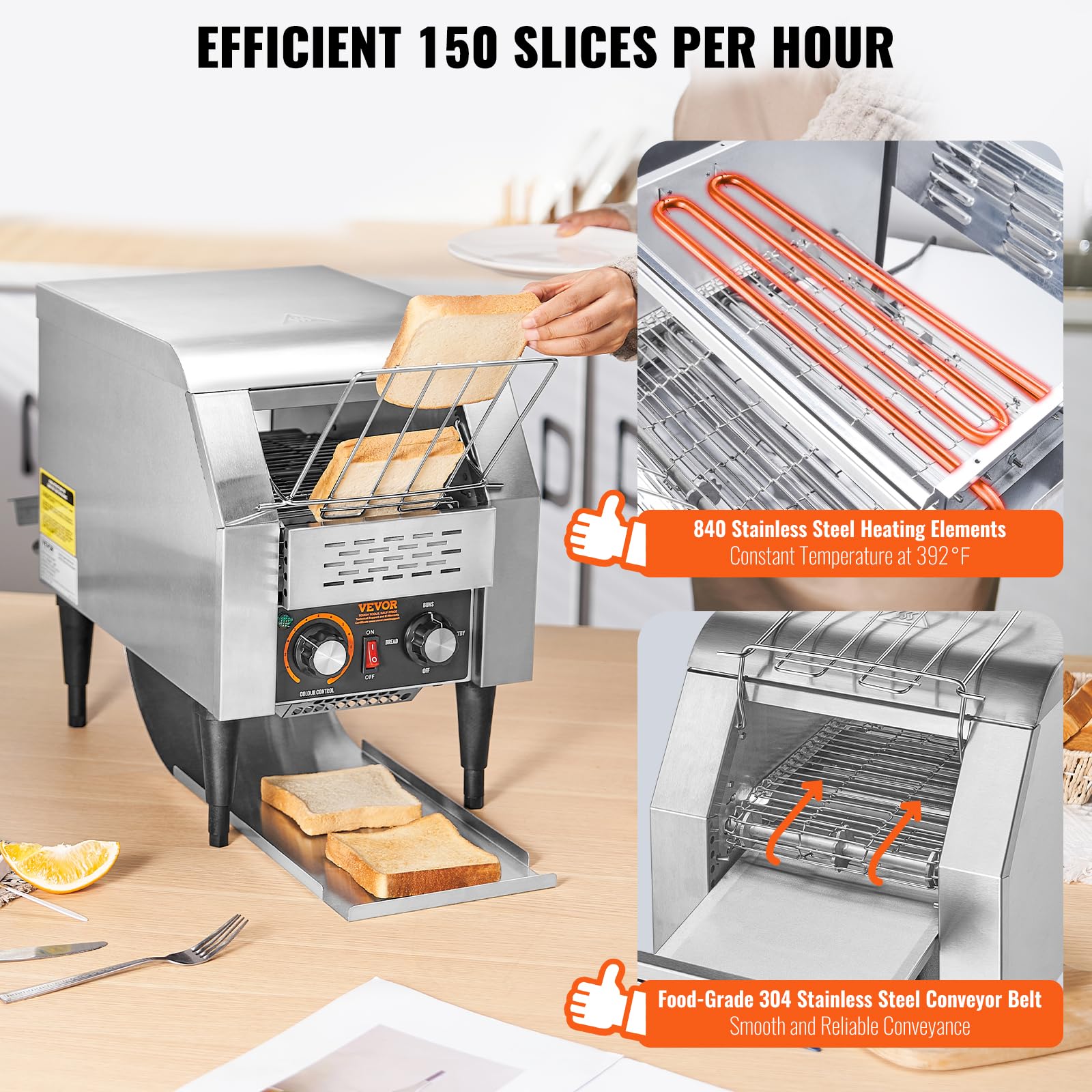 VEVOR Commercial Conveyor Toaster, 300 Slices/Hour, Heavy Duty Stainless Steel, Electric Restaurant Toaster for Toast, Bun, Bagel, Bread