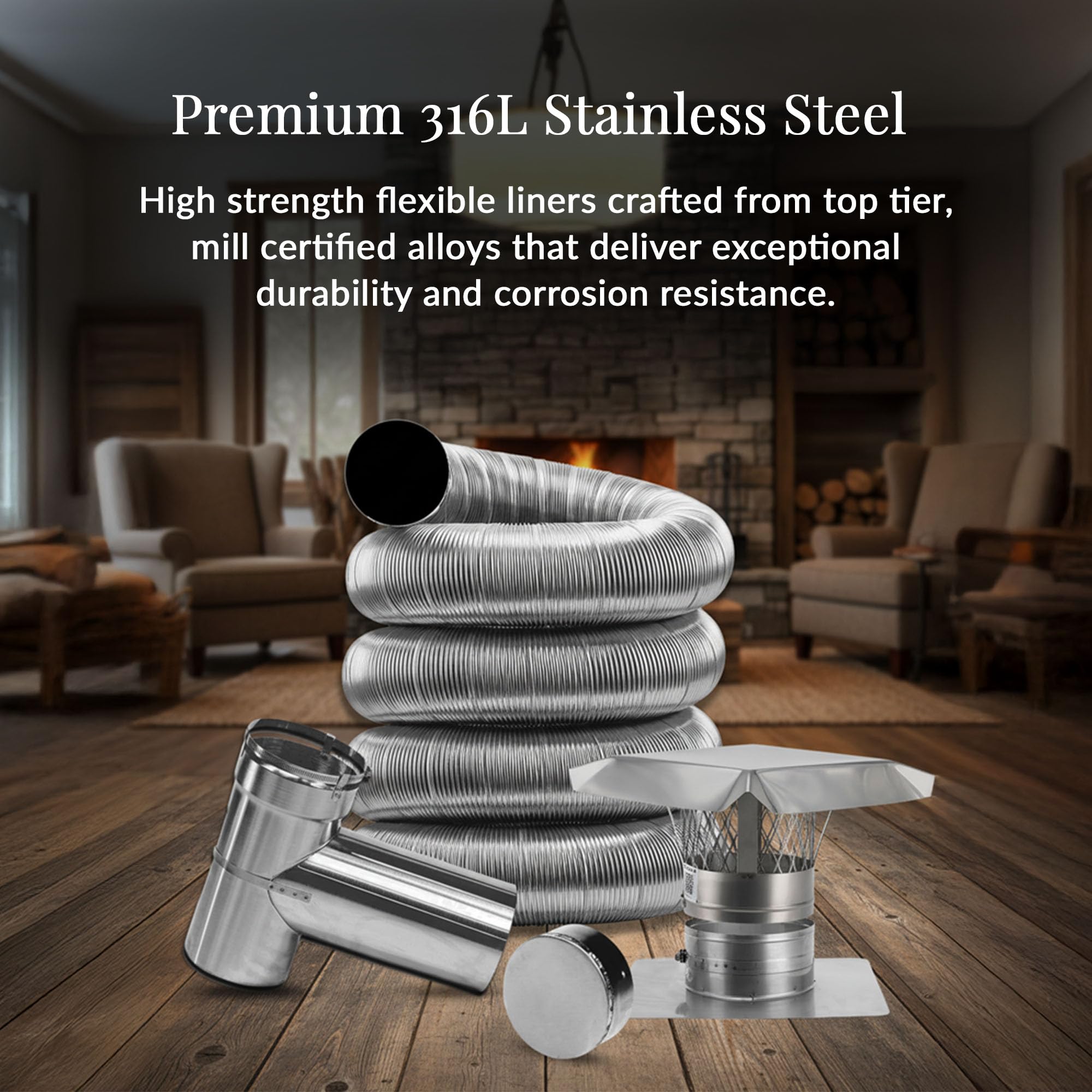 Fireside Chimney Supply Stainless Steel Chimney Liner Kit | FireSafe Flexible Chimney Liner with Tee Connector for Wood Stoves & Venting | Made in The USA | Heavy-Duty 3 Inch x 20 Feet