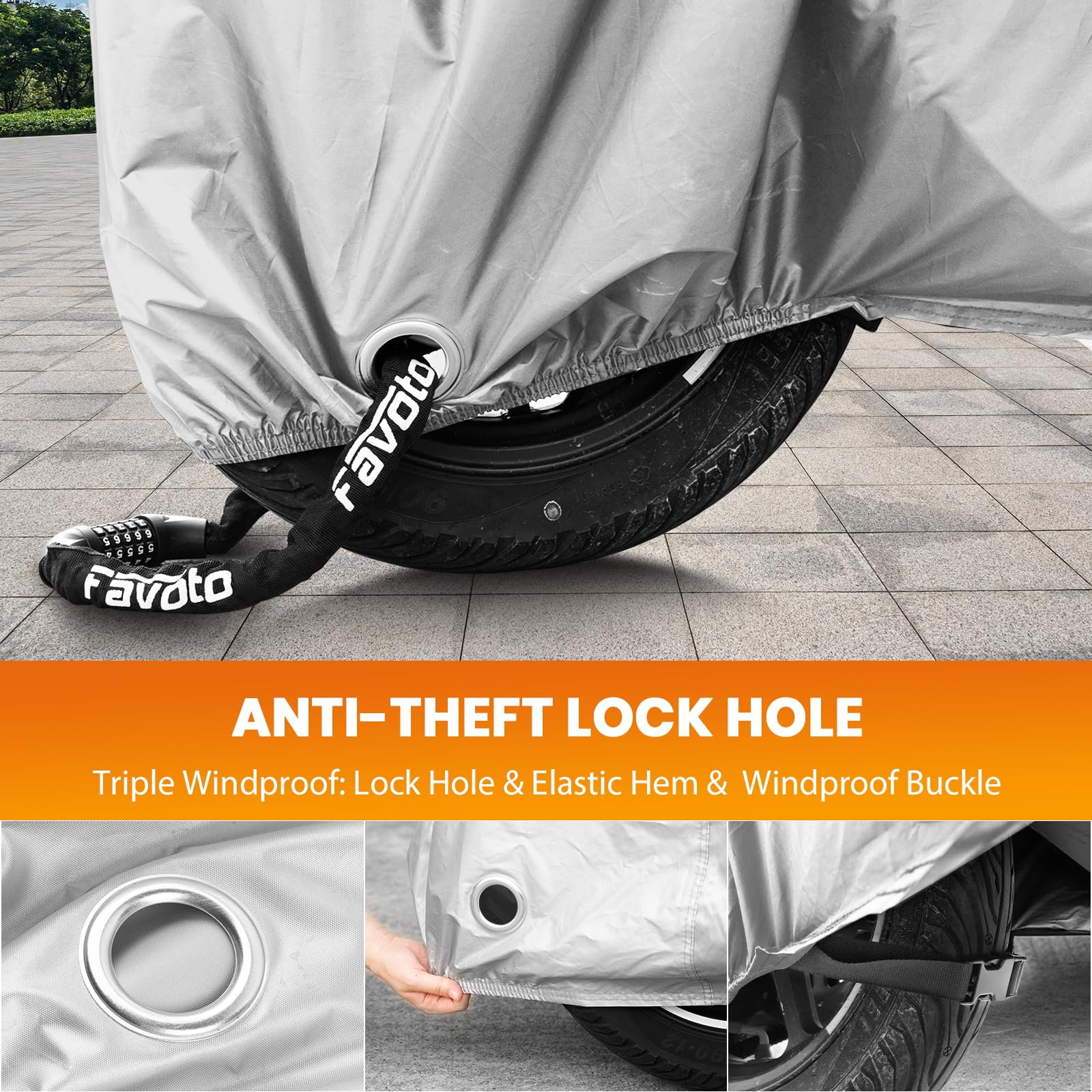 Favoto Motorcycle Cover Waterproof Outdoor All Weather Snow Rain Dust UV Protection Motorcycle Tarp with Lock-Holes ＆ Storage Bag Moped Cover with Night Reflective Strips Fits up to 86.6"