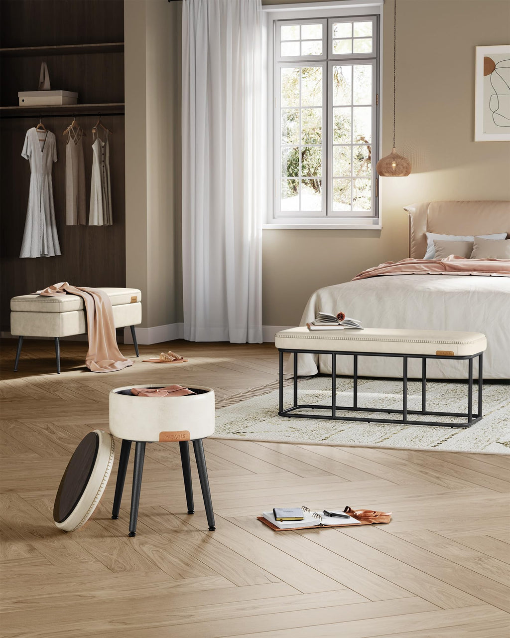 VASAGLE EKHO Collection - Storage Ottoman Bench, Entryway Bedroom Bench, 15 Gallons, Synthetic Leather with Stitching, Mid-Century Modern, Safety Hinges, Loads 660 lb, Caramel Brown ULOM074K01