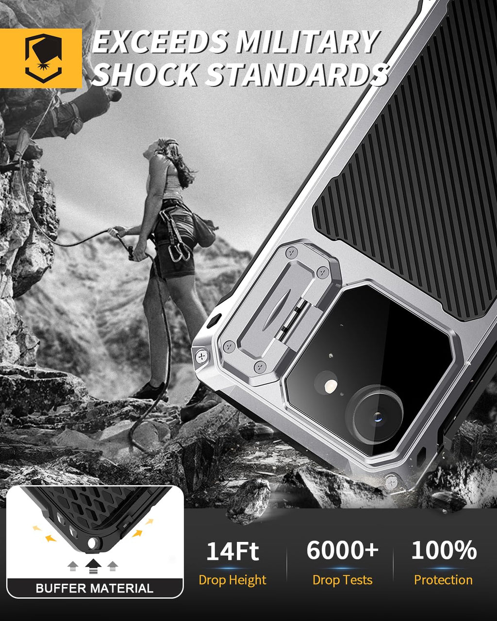 Lanhiem for iPhone 16 Metal Case with Camera Cover & Stand [Compatible with MagSafe] [Built-in Kickstand] [Military-Grade Protection] Heavy Duty Rugged Magnetic Phone Case, Black